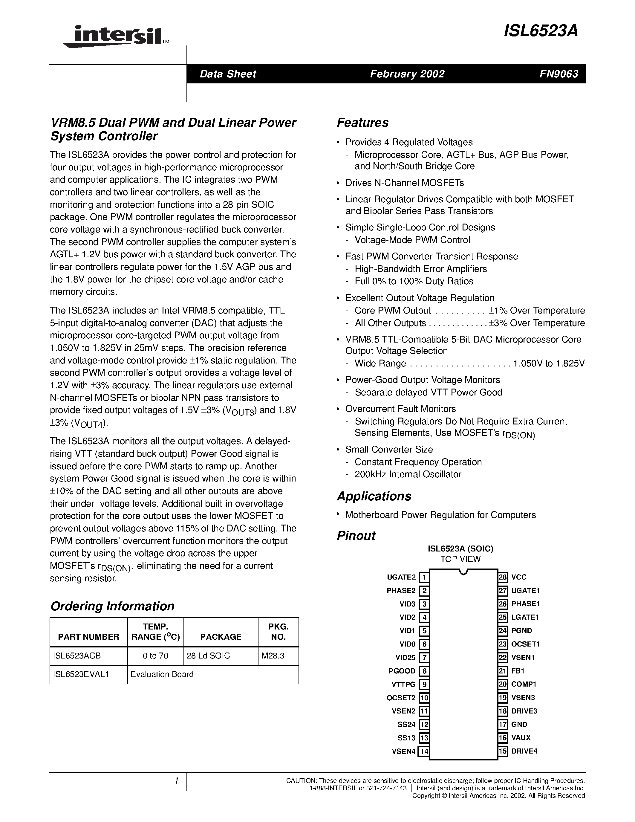 Datasheet ISL6523A - VRM8.5 Dual PWM and Dual Linear Power System Controller page 1