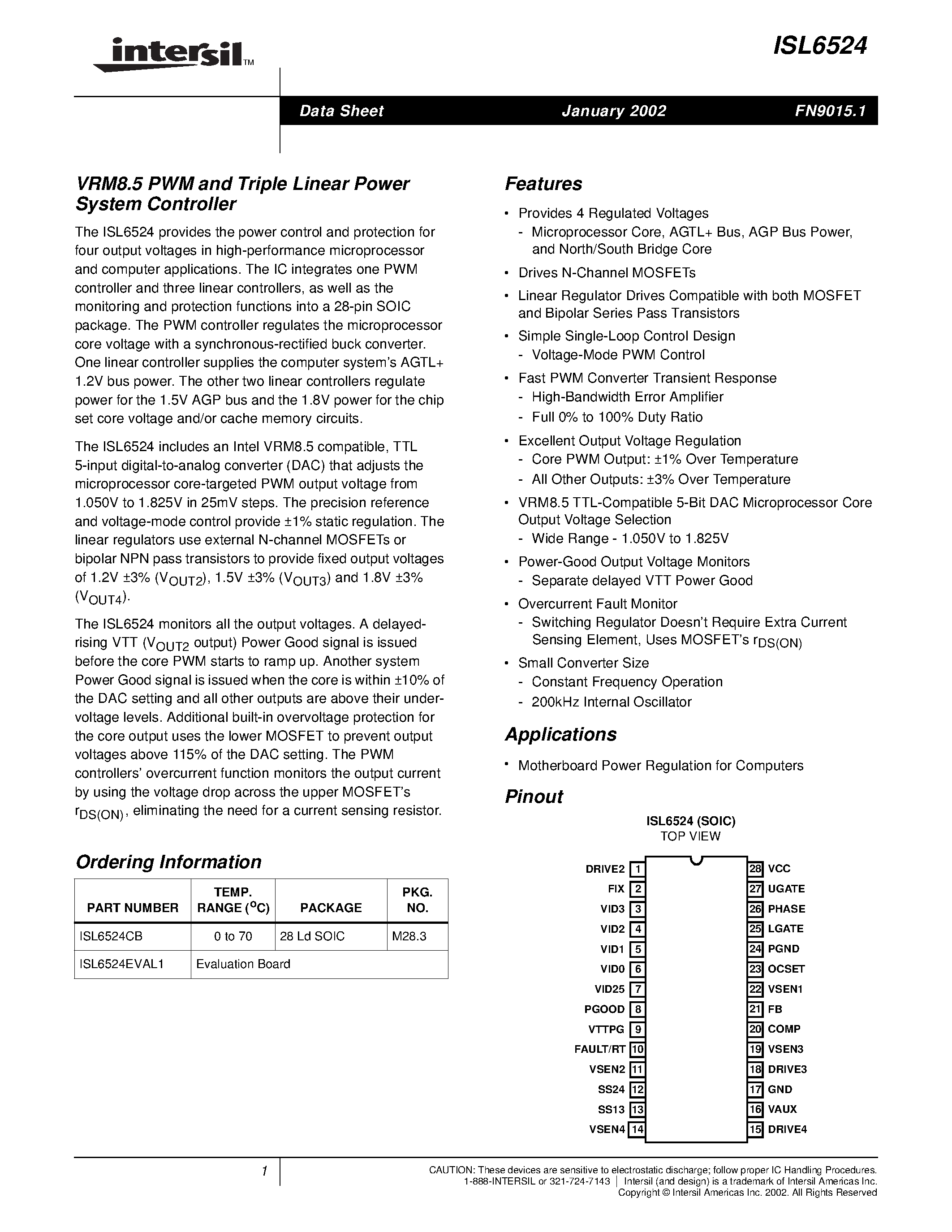 Datasheet ISL6524 - VRM8.5 PWM and Triple Linear Power System Controller page 1