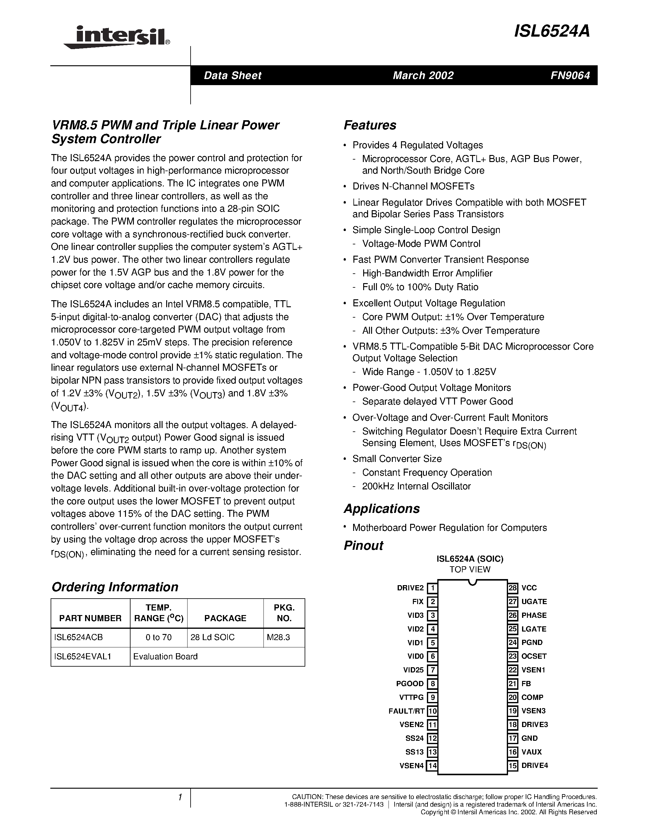 Datasheet ISL6524A - VRM8.5 PWM and Triple Linear Power System Controller page 1