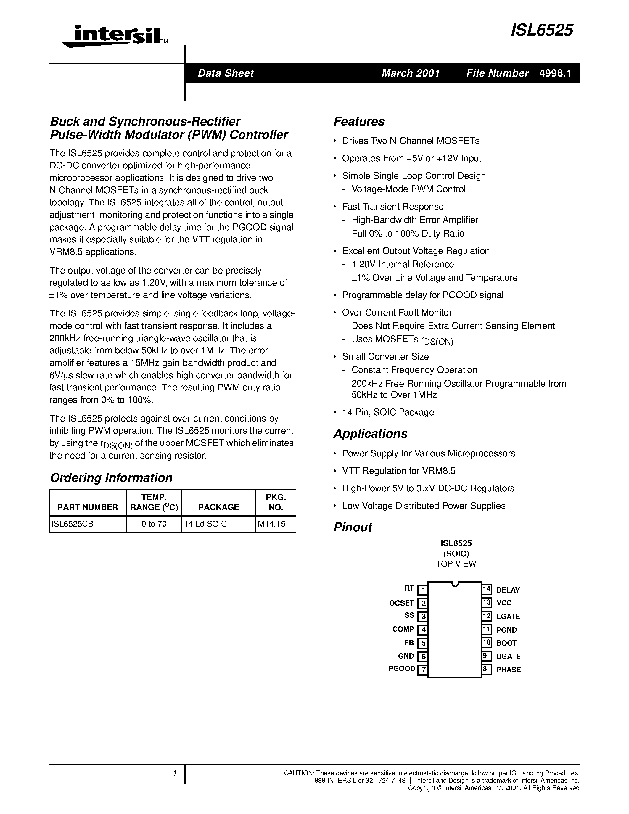 Datasheet ISL6525 - Buck and Synchronous-Rectifier Pulse-Width Modulator (PWM) Controller page 1