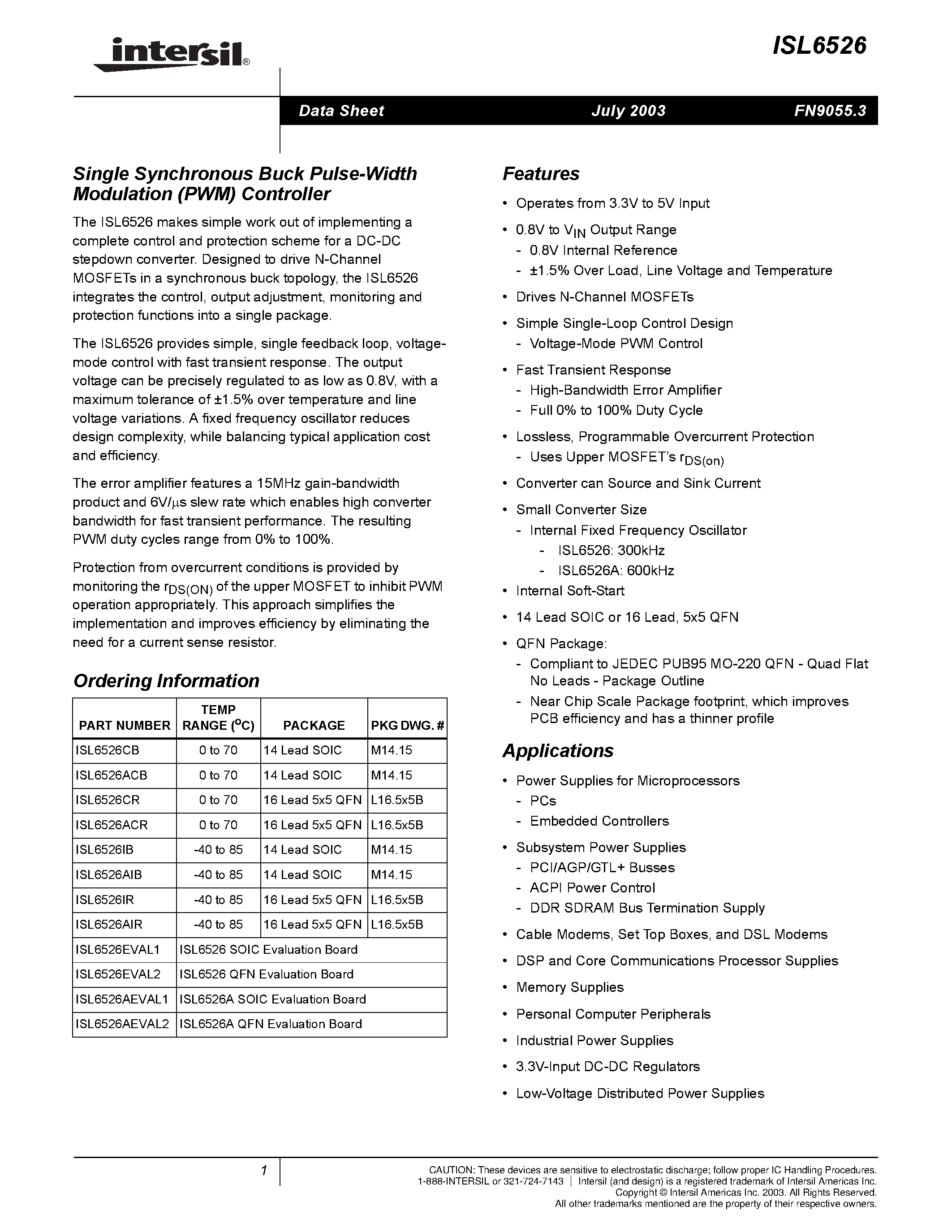 Datasheet ISL6526 - Single Synchronous Buck Pulse-Width Modulation (PWM) Controller page 1