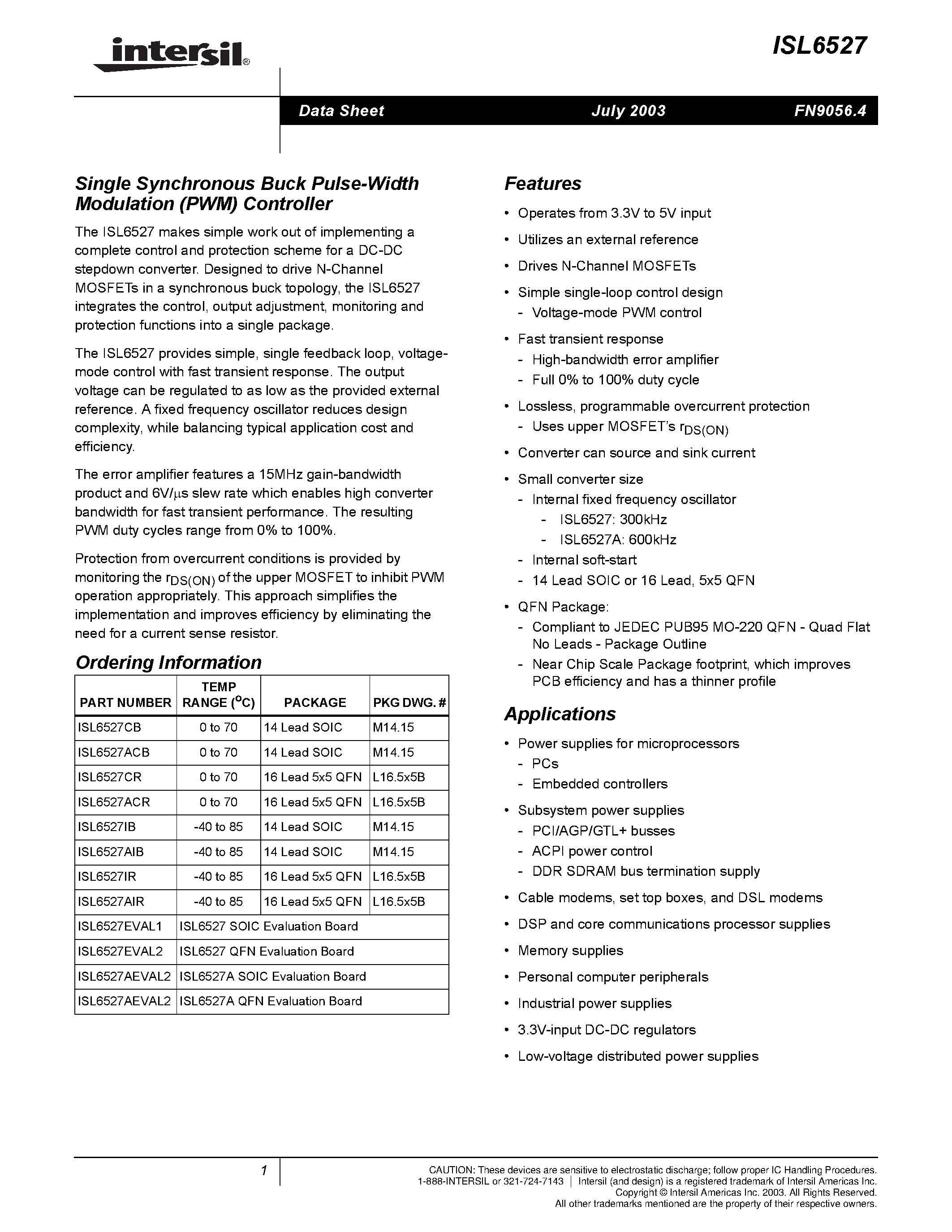 Datasheet ISL6527ACR - Single Synchronous Buck Pulse-Width Modulation (PWM) Controller page 1