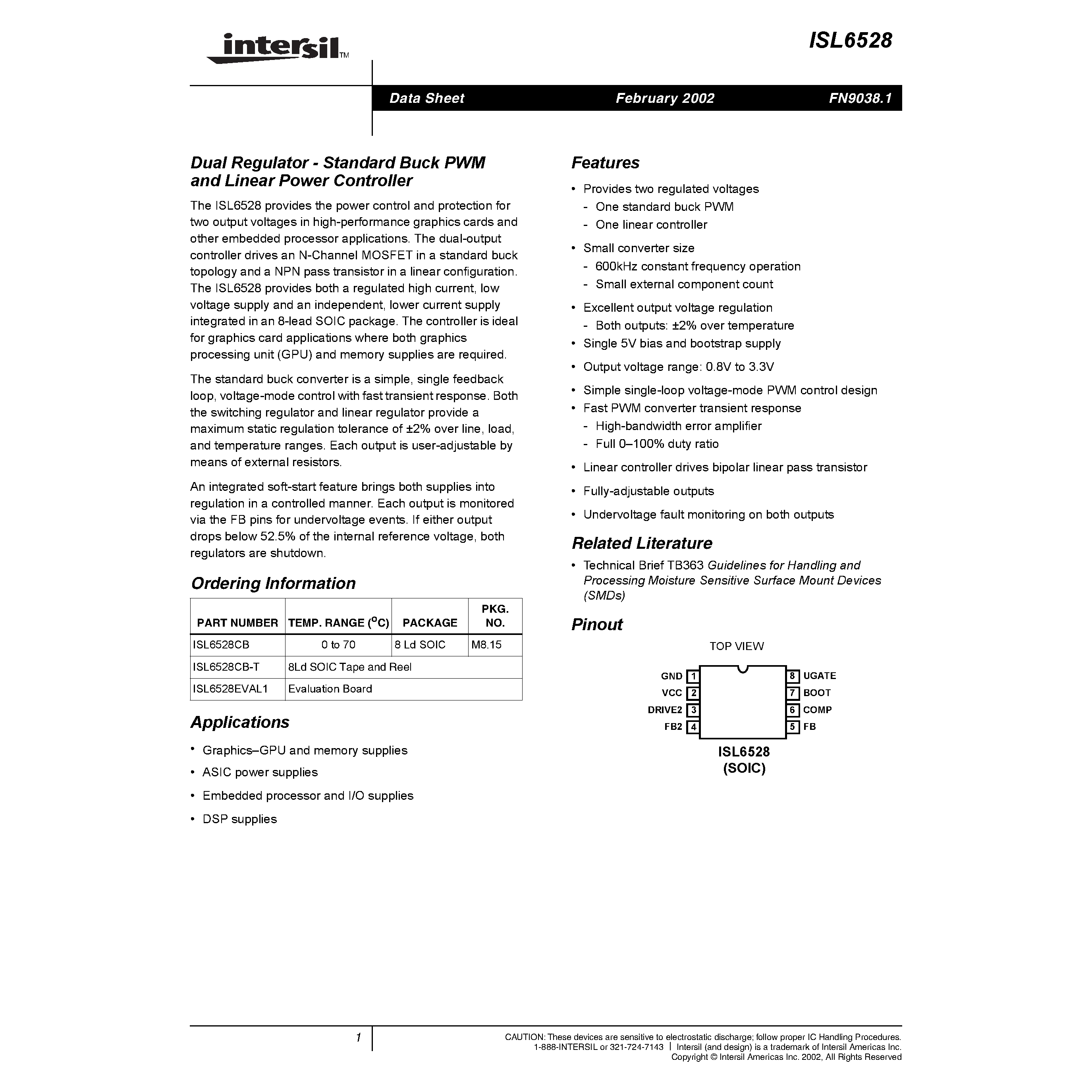 Datasheet ISL6528 - Dual Regulator - Standard Buck PWM and Linear Power Controller page 1