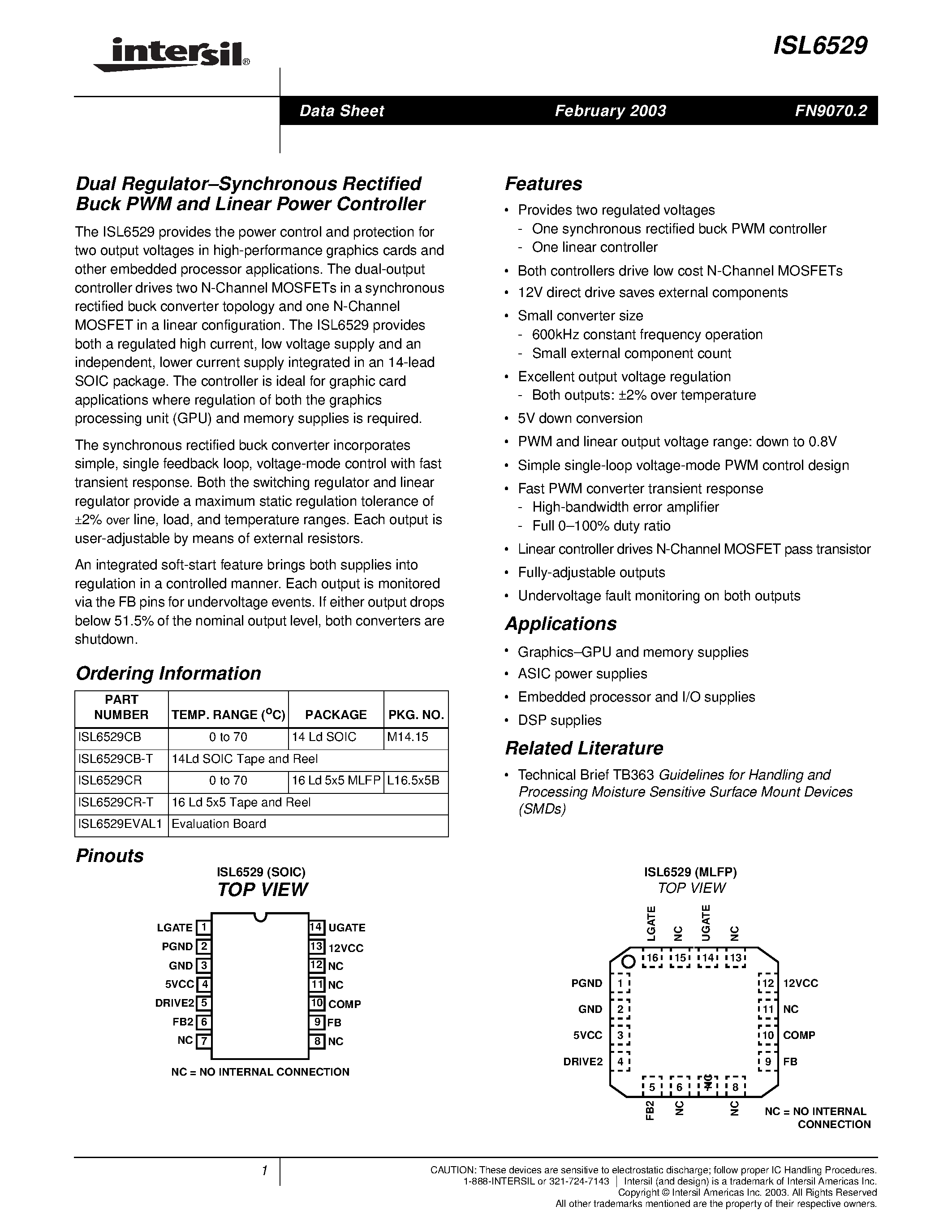 Datasheet ISL6529 - Dual Regulator.Synchronous Rectified Buck PWM and Linear Power Controller page 1