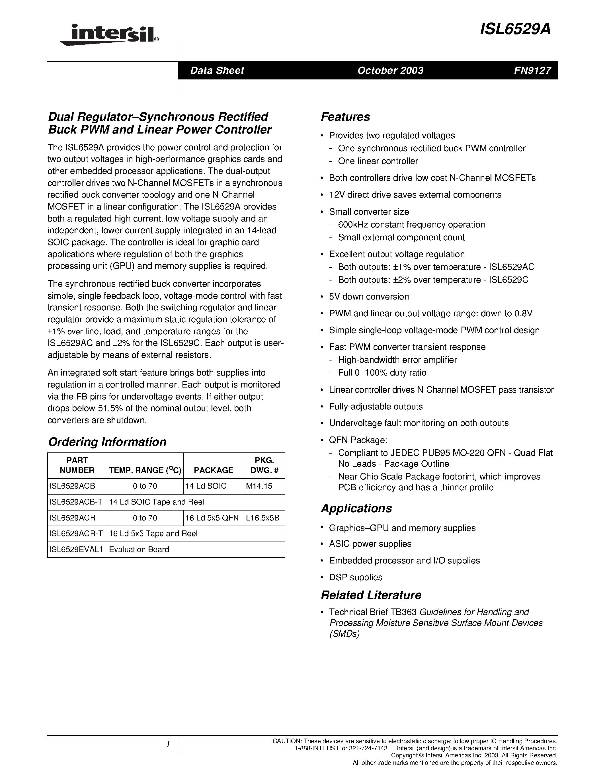 Datasheet ISL6529ACB - Dual Regulator.Synchronous Rectified Buck PWM and Linear Power Controller page 1