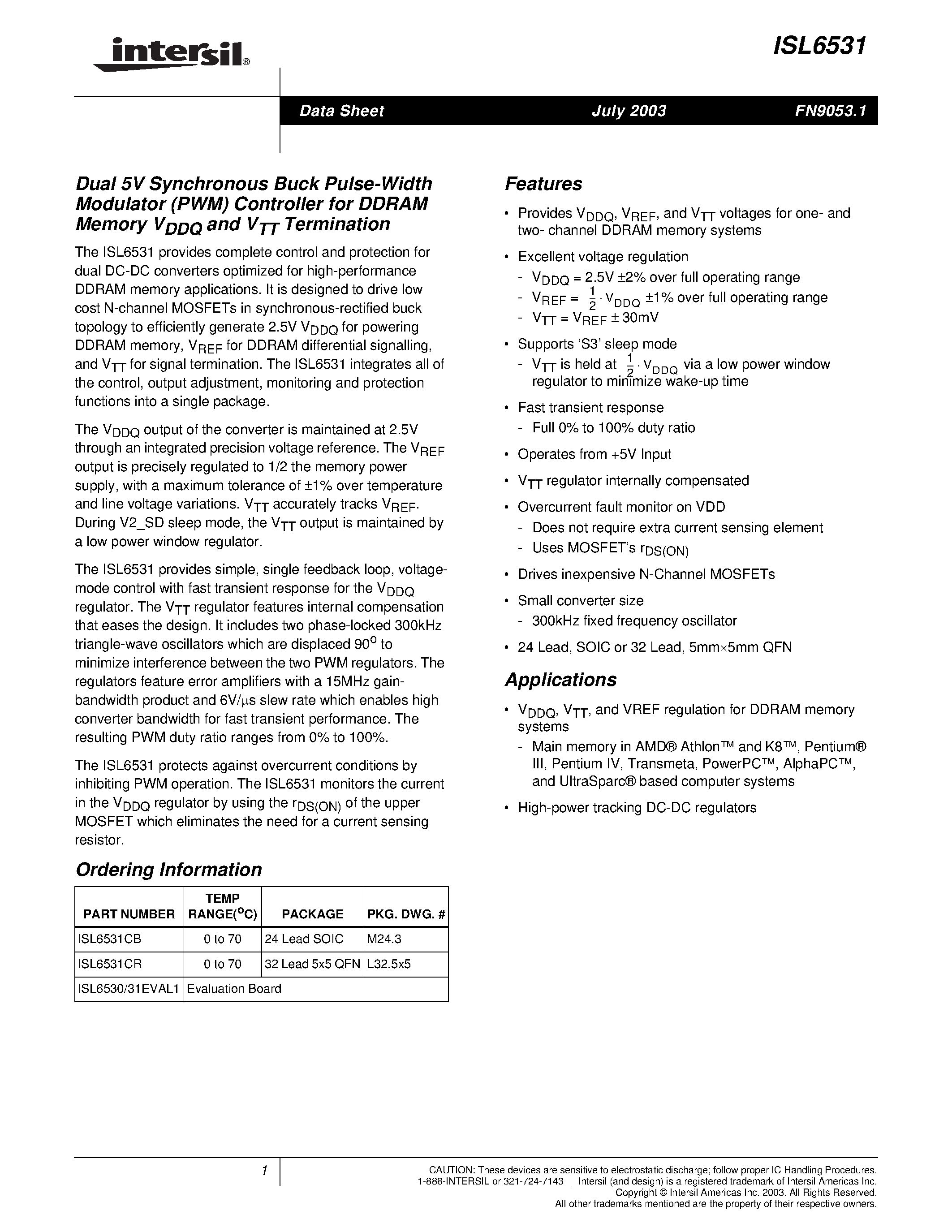 Datasheet ISL6531 - Dual 5V Synchronous Buck Pulse-Width Modulator (PWM) Controller for DDRAM Memory VDDQ and VTT Termination page 1