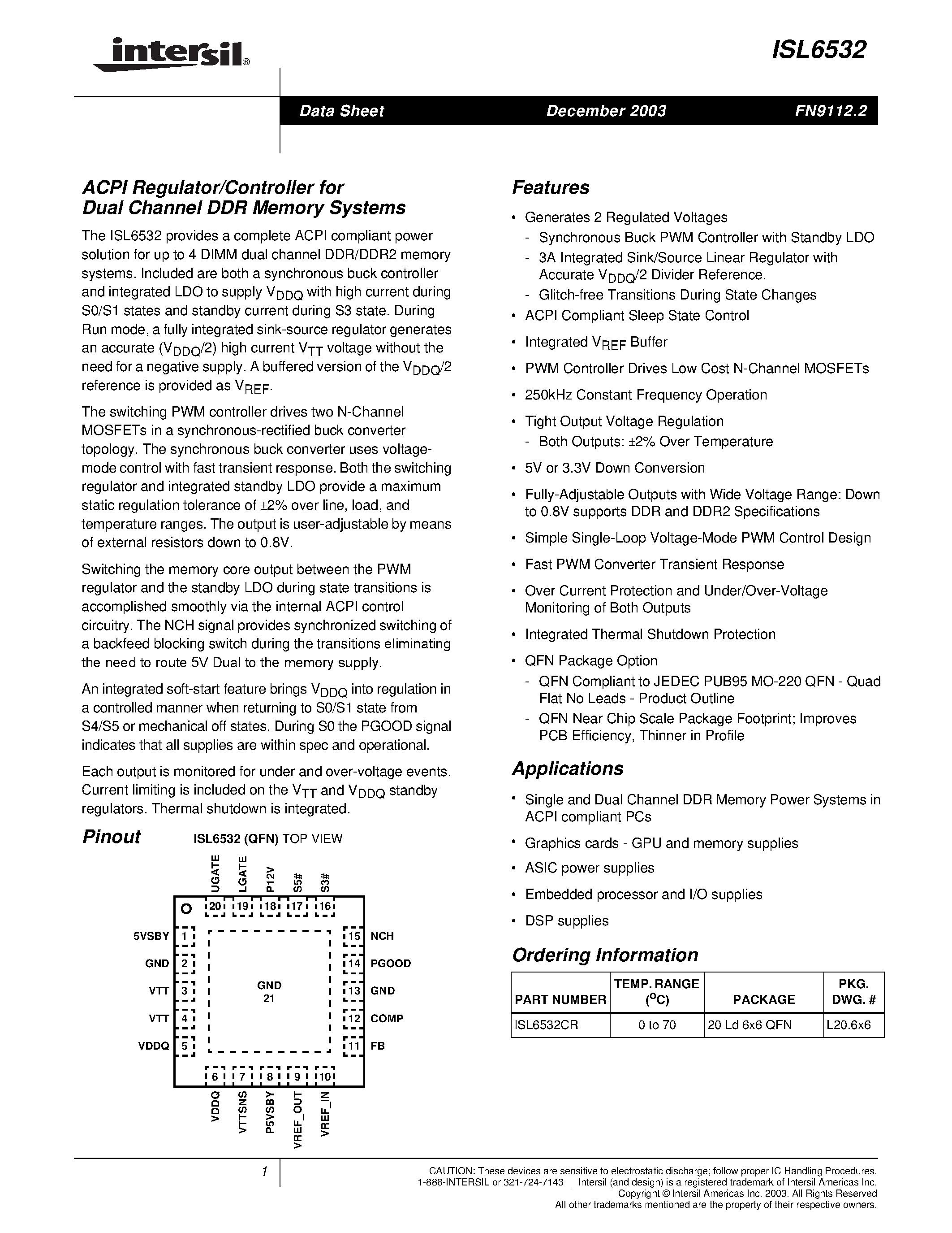 Datasheet ISL6532 - ACPI Regulator/Controller for Dual Channel DDR Memory Systems page 1