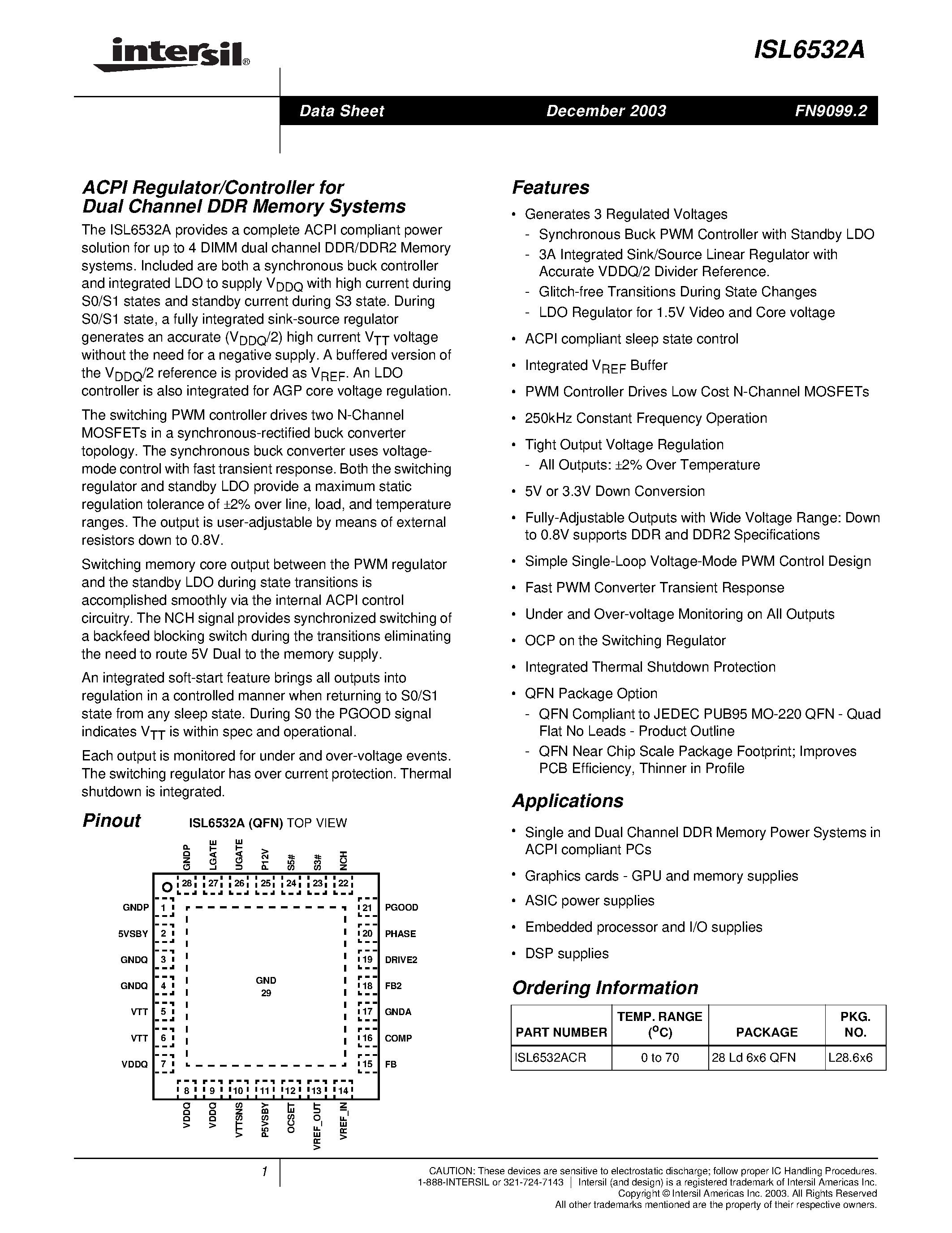 Datasheet ISL6532A - ACPI Regulator/Controller for Dual Channel DDR Memory Systems page 1