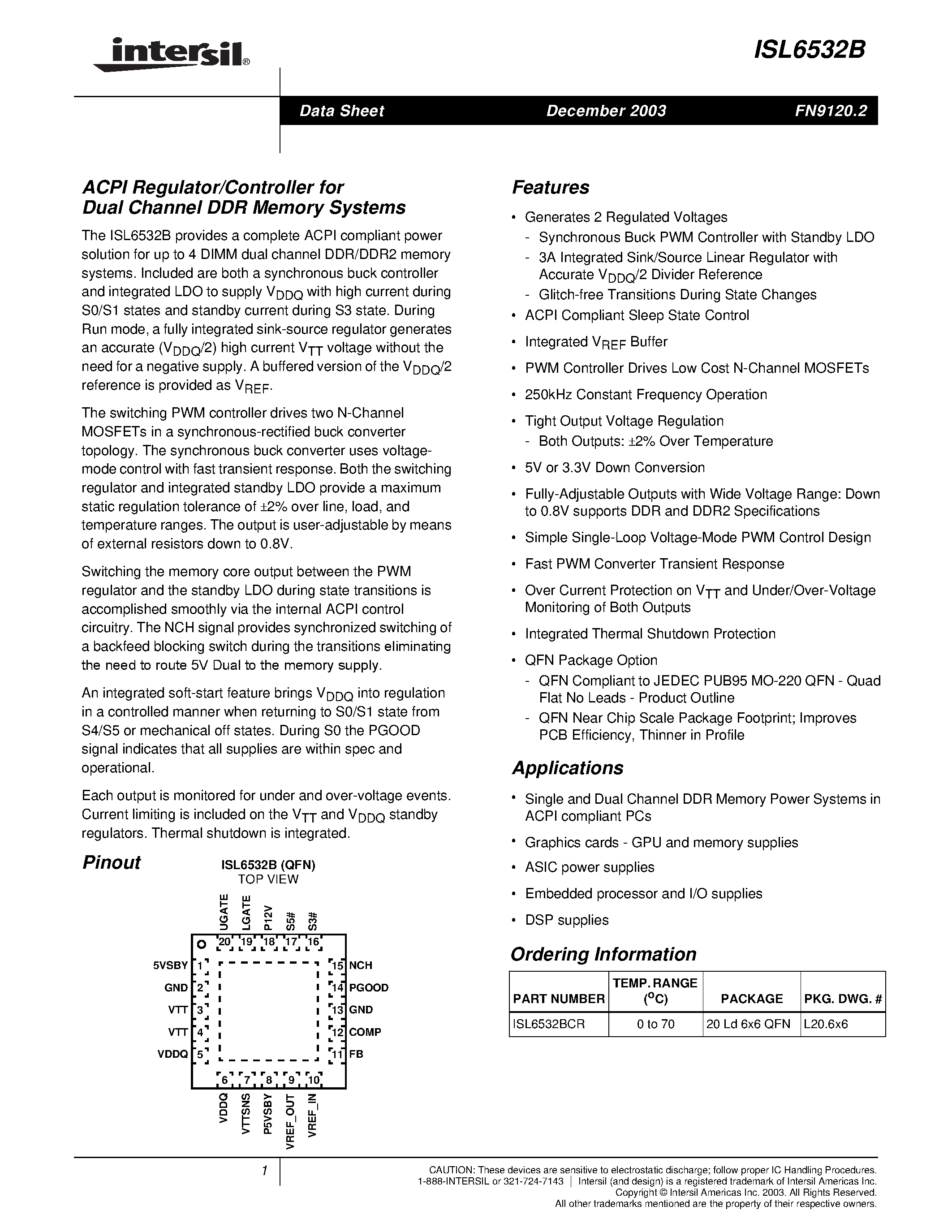 Datasheet ISL6532B - ACPI Regulator/Controller for Dual Channel DDR Memory Systems page 1