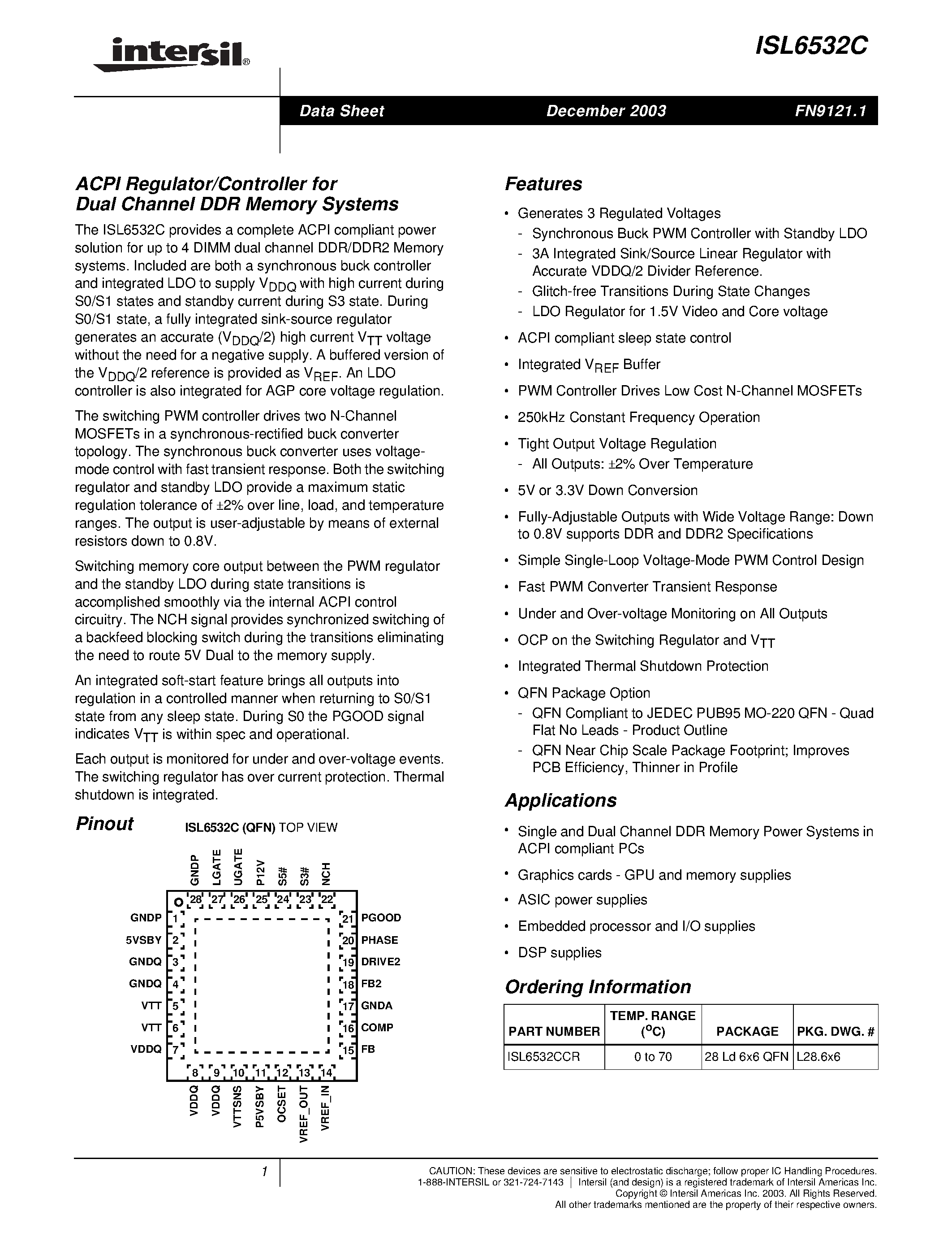 Datasheet ISL6532C - ACPI Regulator/Controller for Dual Channel DDR Memory Systems page 1