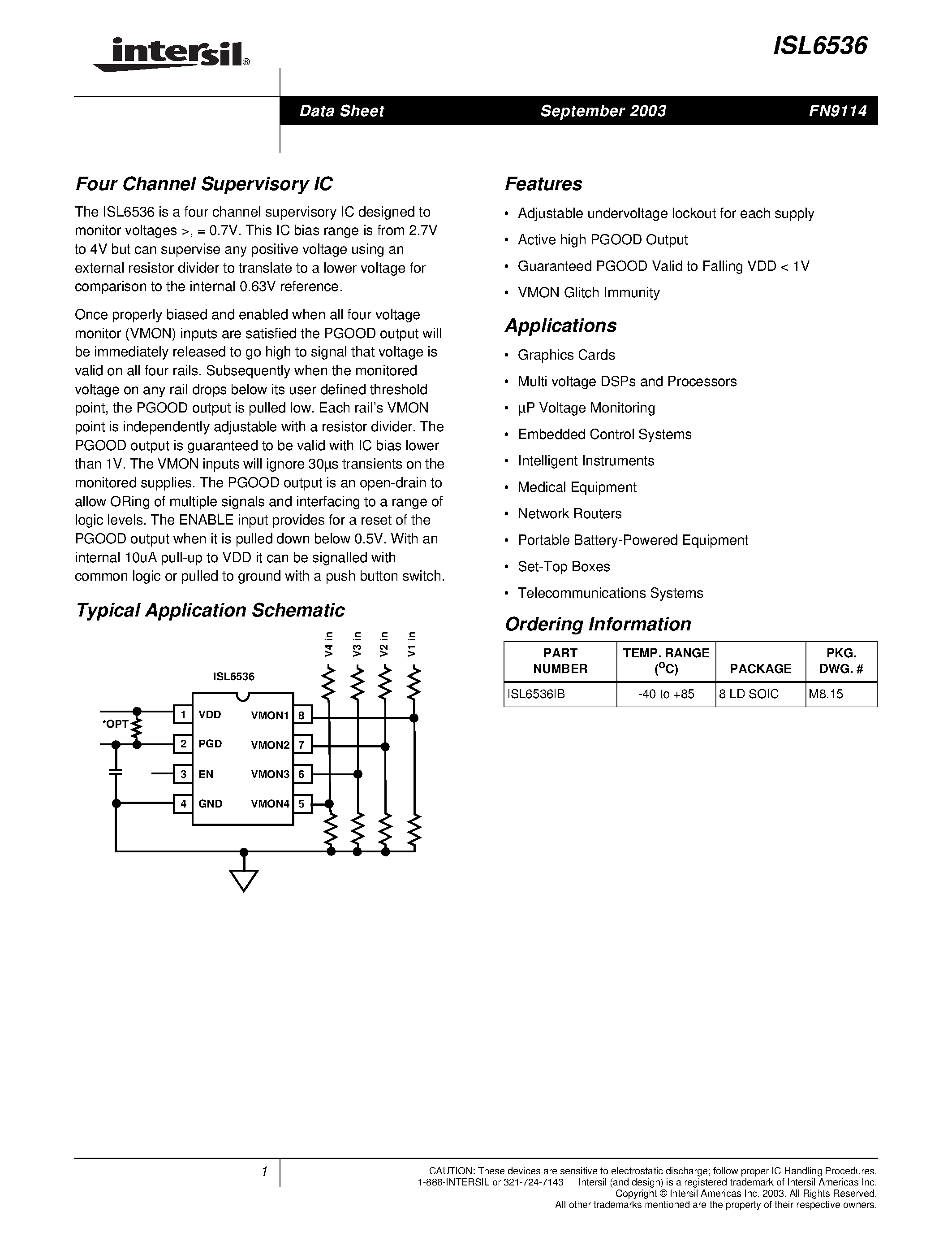 Datasheet ISL6536 - Four Channel Supervisory IC page 1