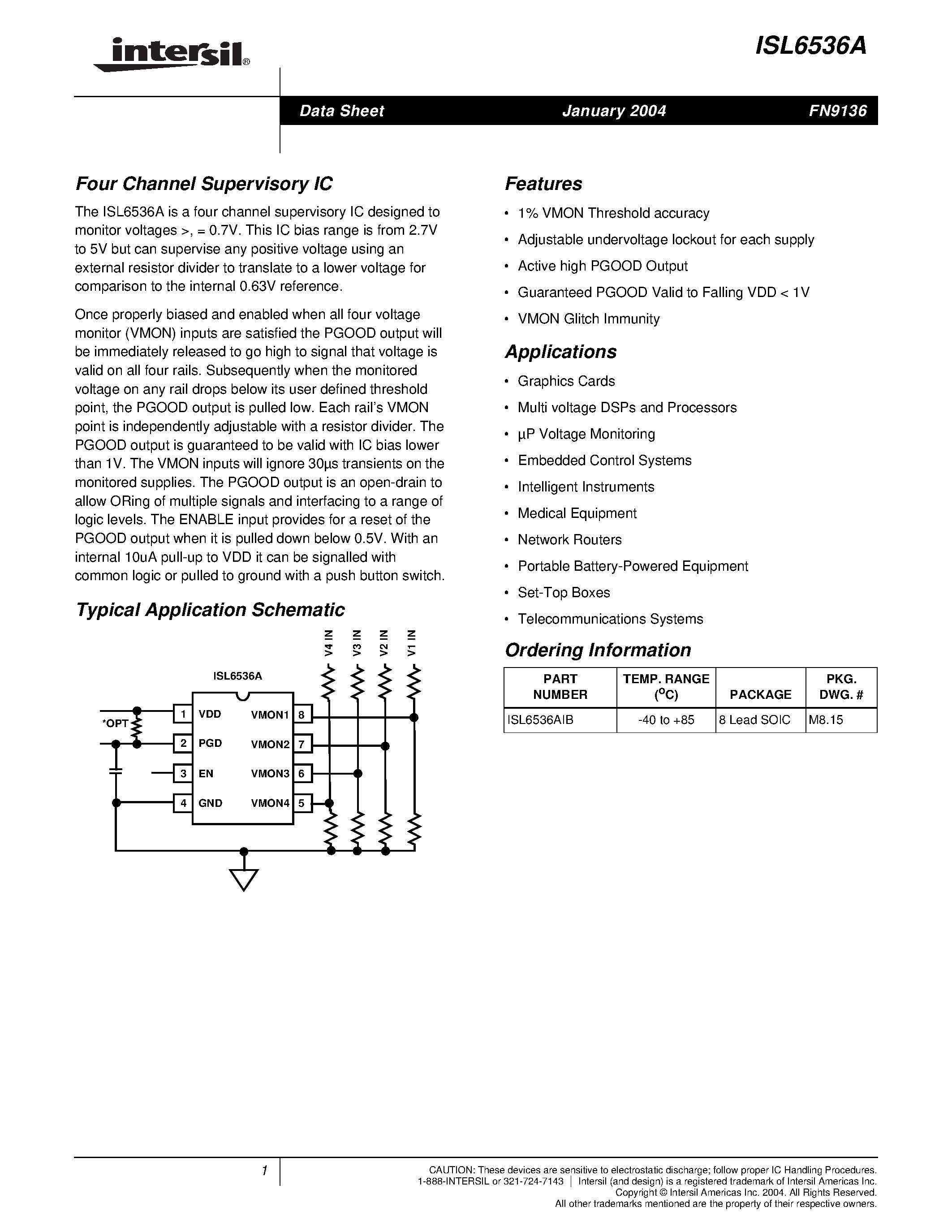 Datasheet ISL6536A - Four Channel Supervisory IC page 1