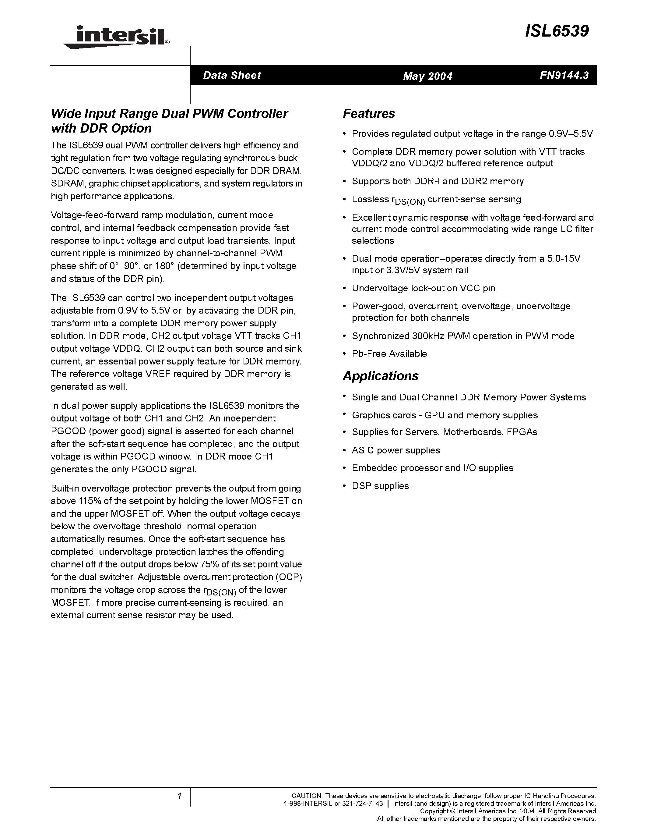 Datasheet ISL6539 - Wide Input Range Dual PWM Controller with DDR Option page 1