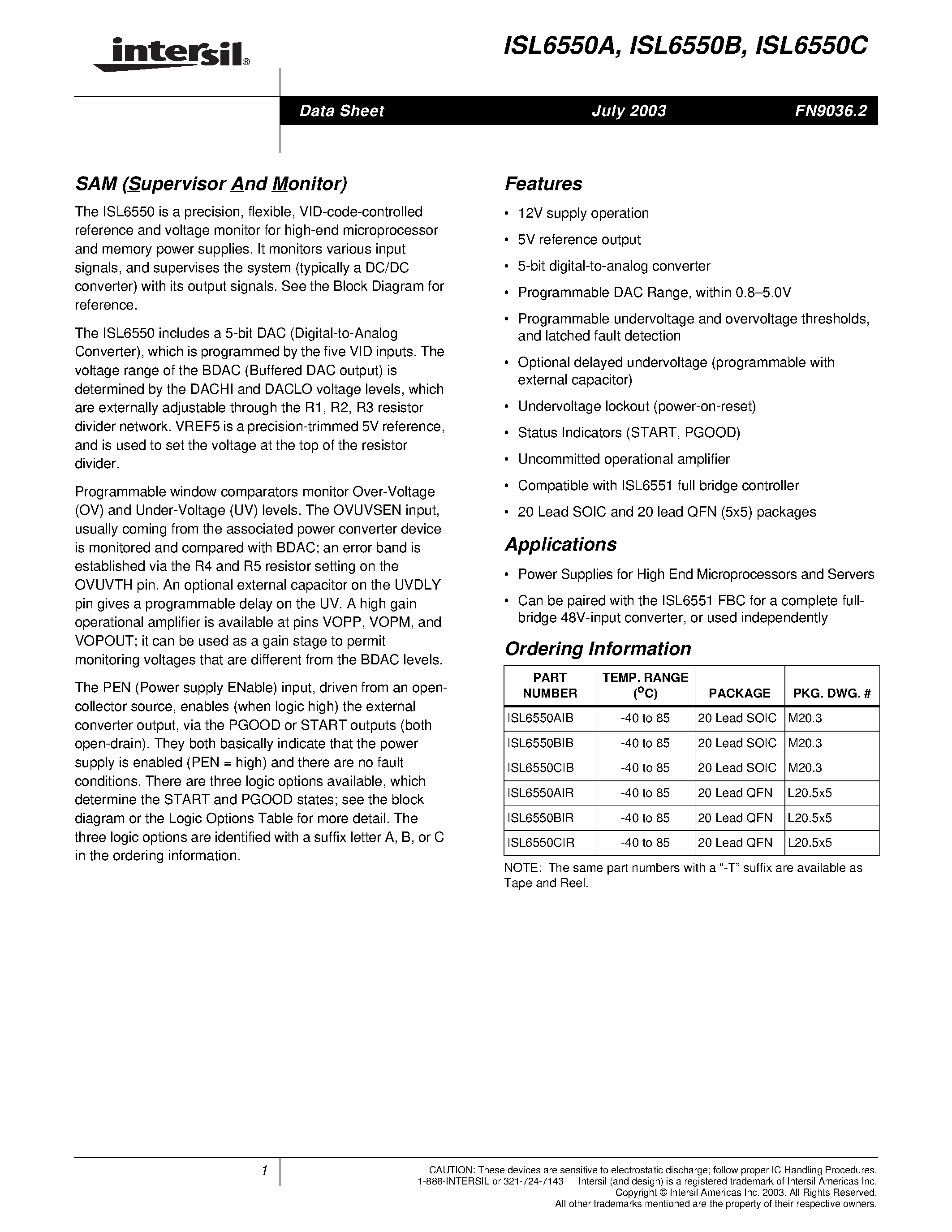 Datasheet ISL6550 - SAM Supervisor And Monitor page 1