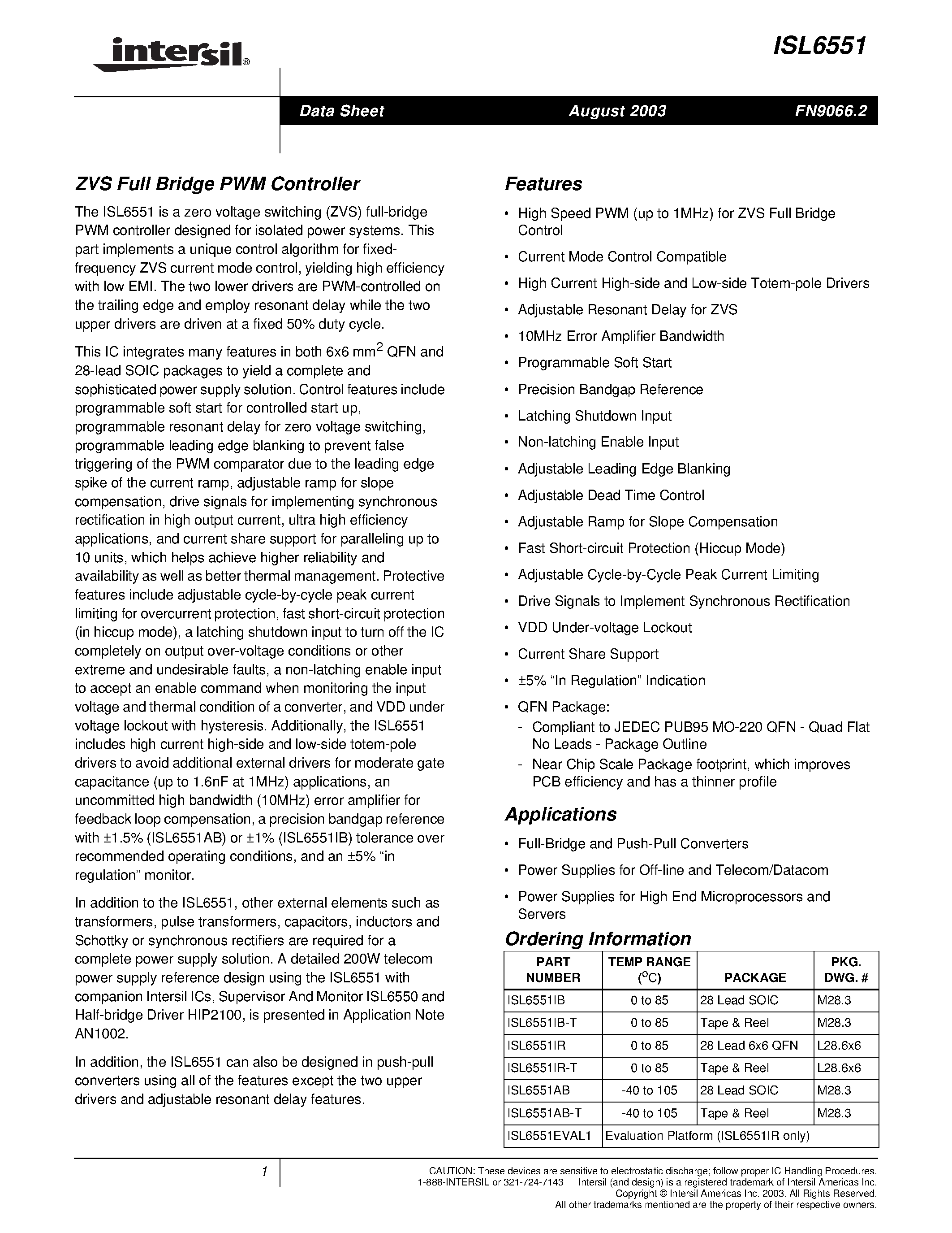 Datasheet ISL6551 - ZVS Full Bridge PWM Controller page 1