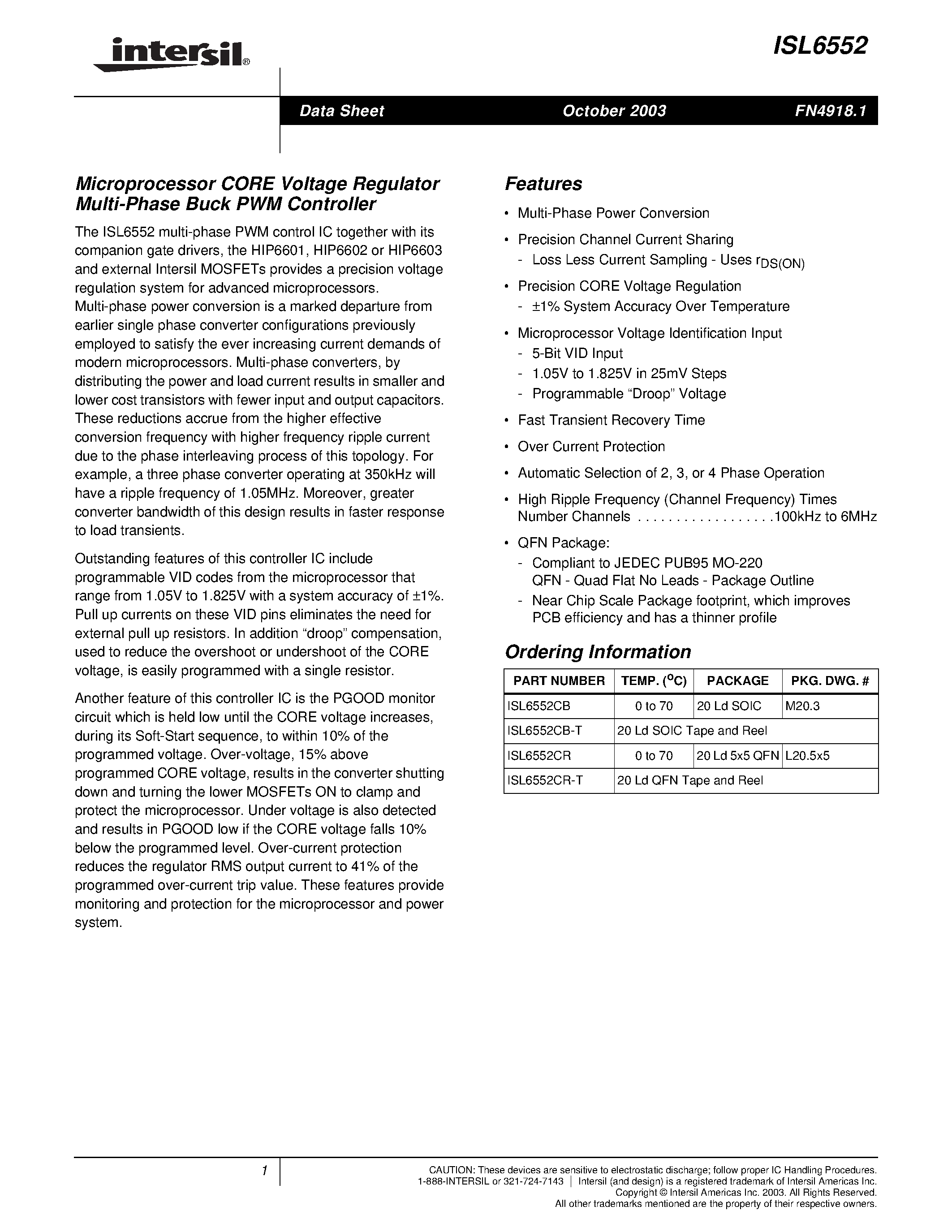 Datasheet ISL6552 - Microprocessor CORE Voltage Regulator Multi-Phase Buck PWM Controller page 1