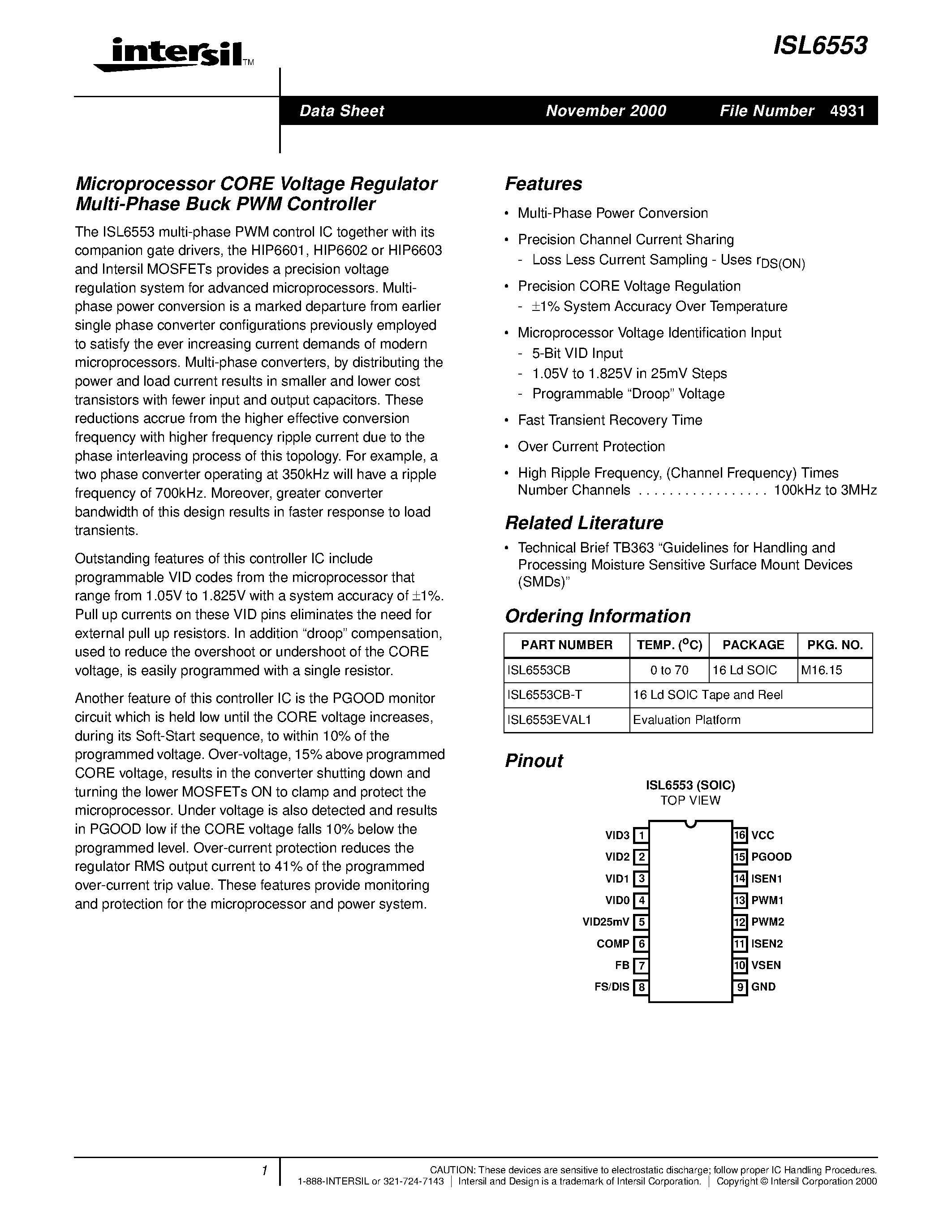 Datasheet ISL6553 - Microprocessor CORE Voltage Regulator Multi-Phase Buck PWM Controller page 1