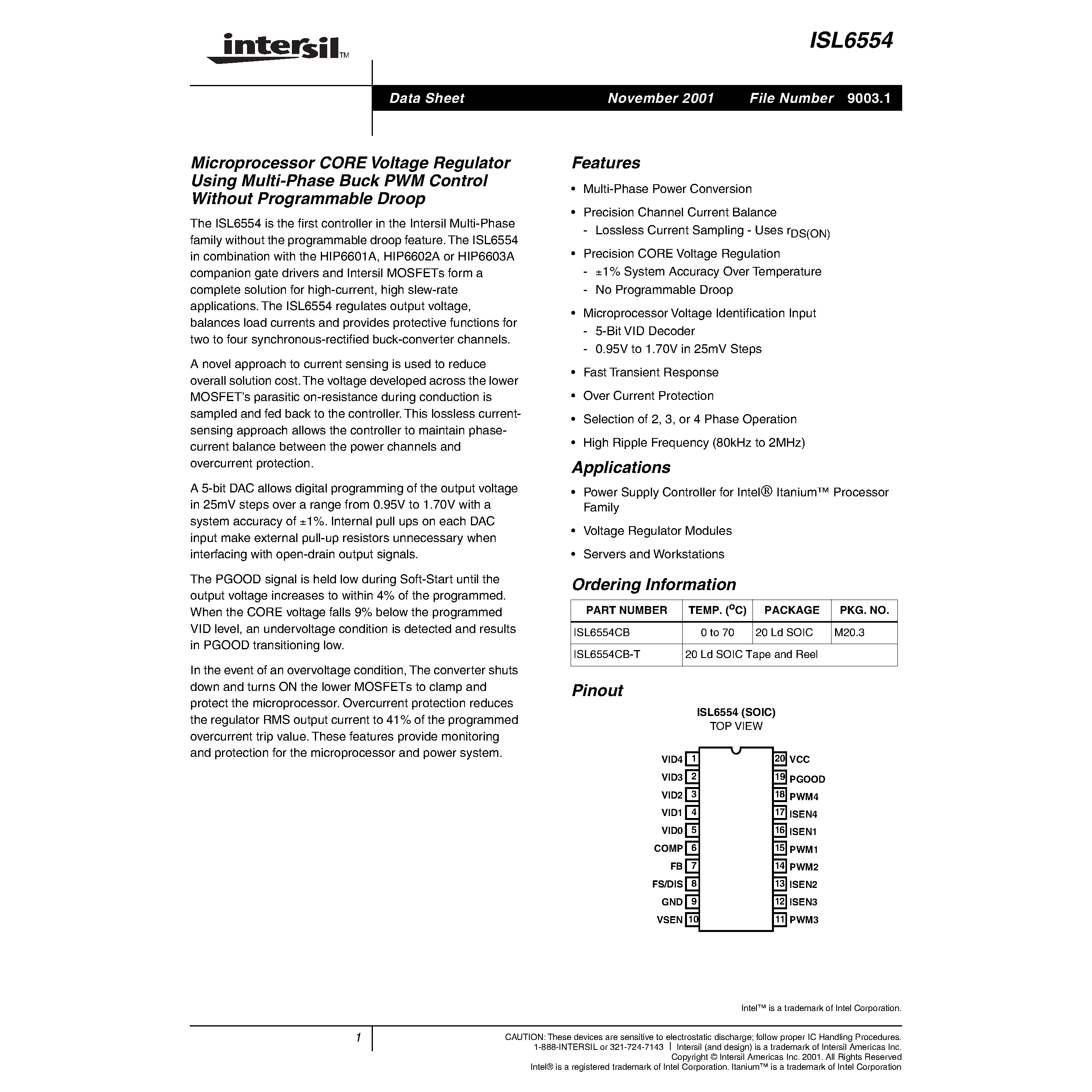 Datasheet ISL6554 - Microprocessor CORE Voltage Regulator Using Multi-Phase Buck PWM Control Without Programmable Droop page 1