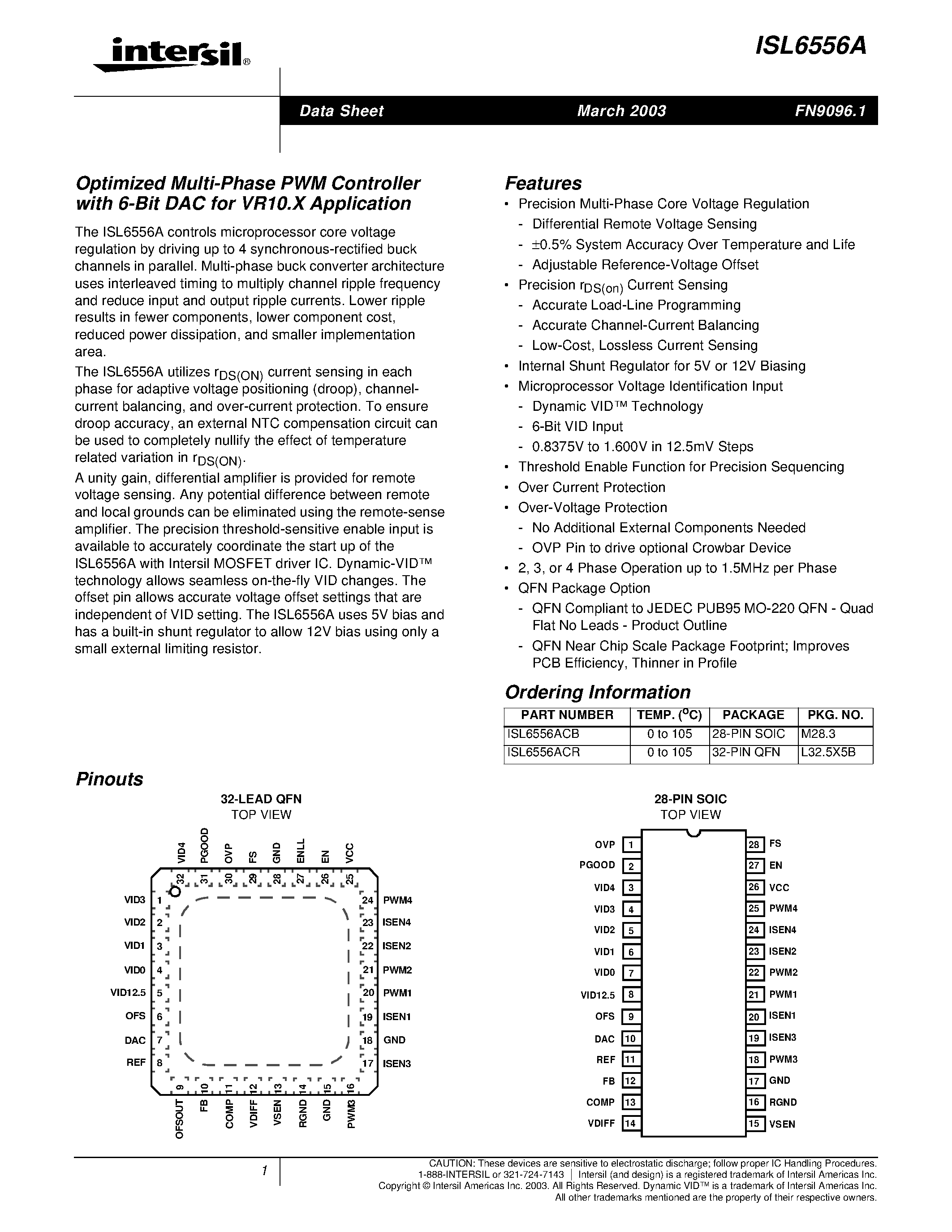 Datasheet ISL6556A - Optimized Multi-Phase PWM Controller with 6-Bit DAC for VR10.X Application page 1