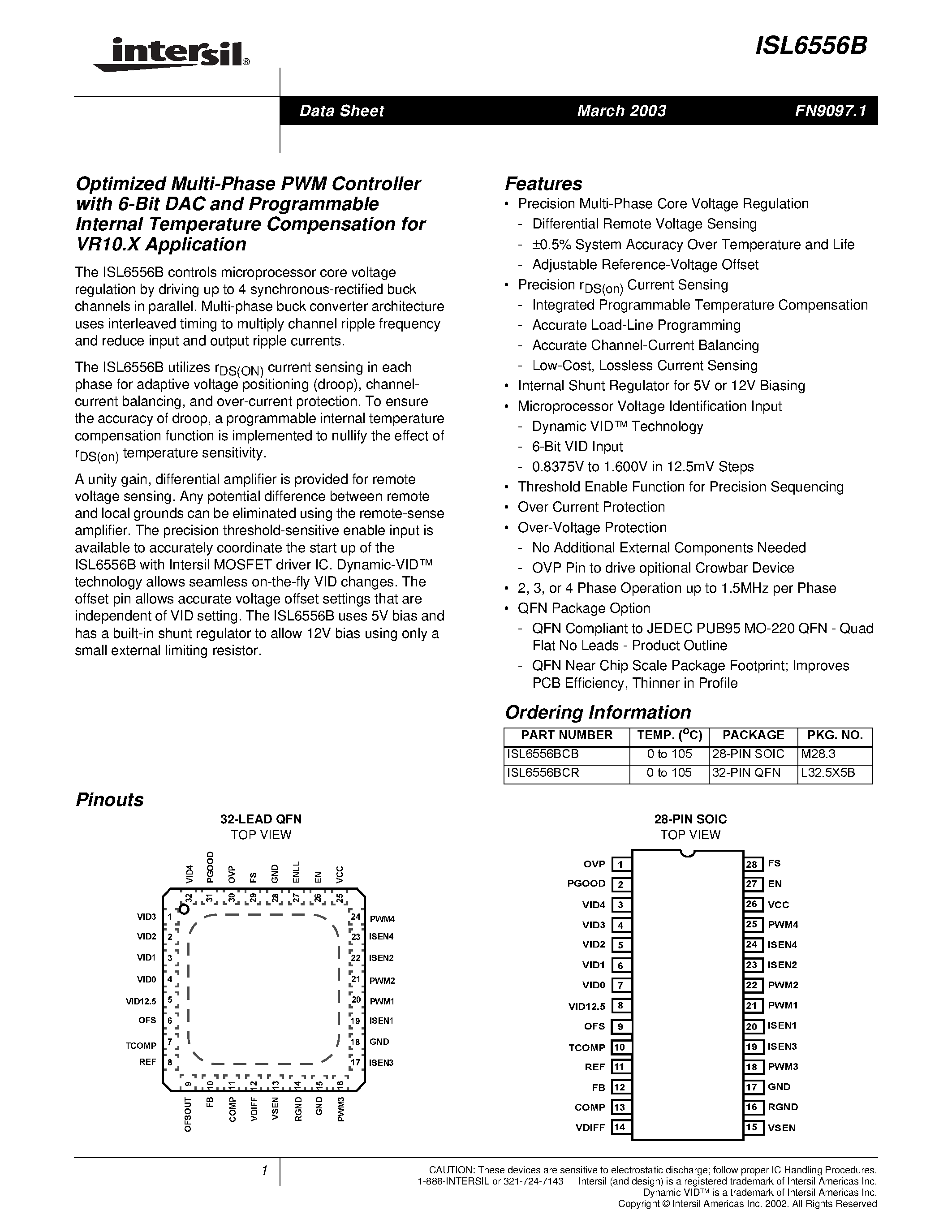 Datasheet ISL6556B - Optimized Multi-Phase PWM Controller with 6-Bit DAC and Programmable Internal Temperature Compensation for VR10.X Application page 1