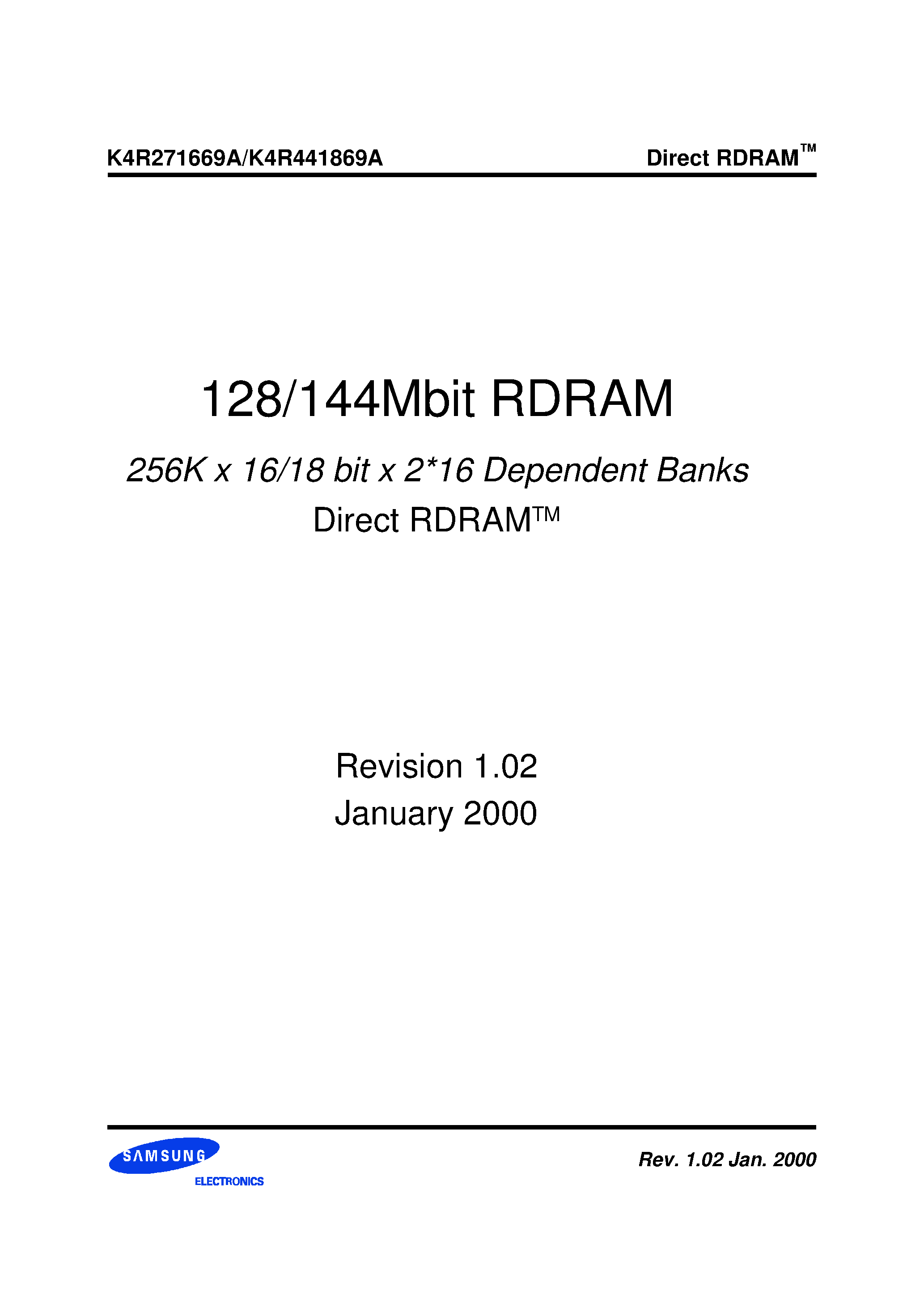 Datasheet K4R271669A-Nb(M)CcG6 - 256K x 16/18 bit x 2*16 Dependent Banks Direct RDRAMTM page 1