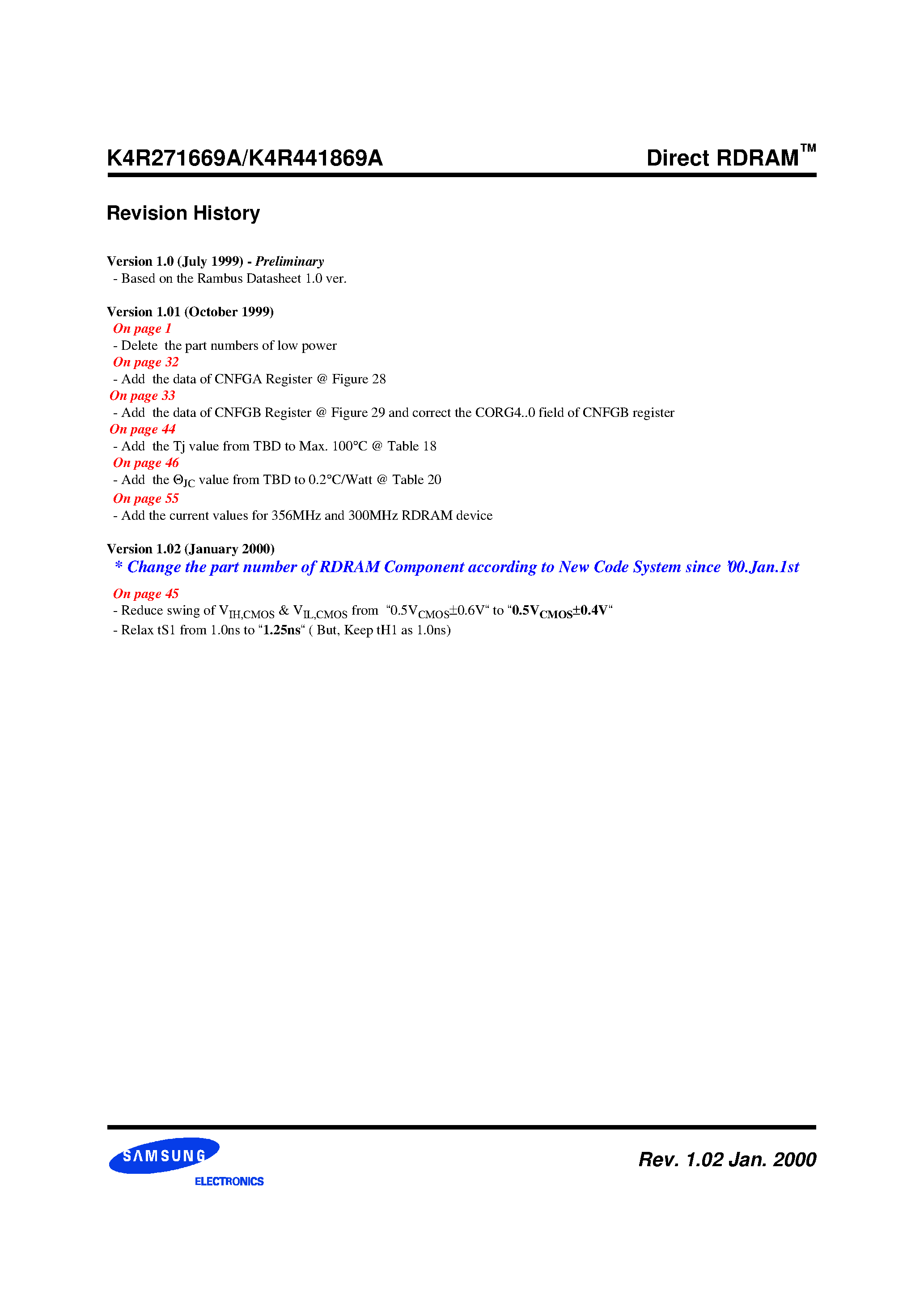 Datasheet K4R271669A-Nb(M)CcG6 - 256K x 16/18 bit x 2*16 Dependent Banks Direct RDRAMTM page 2