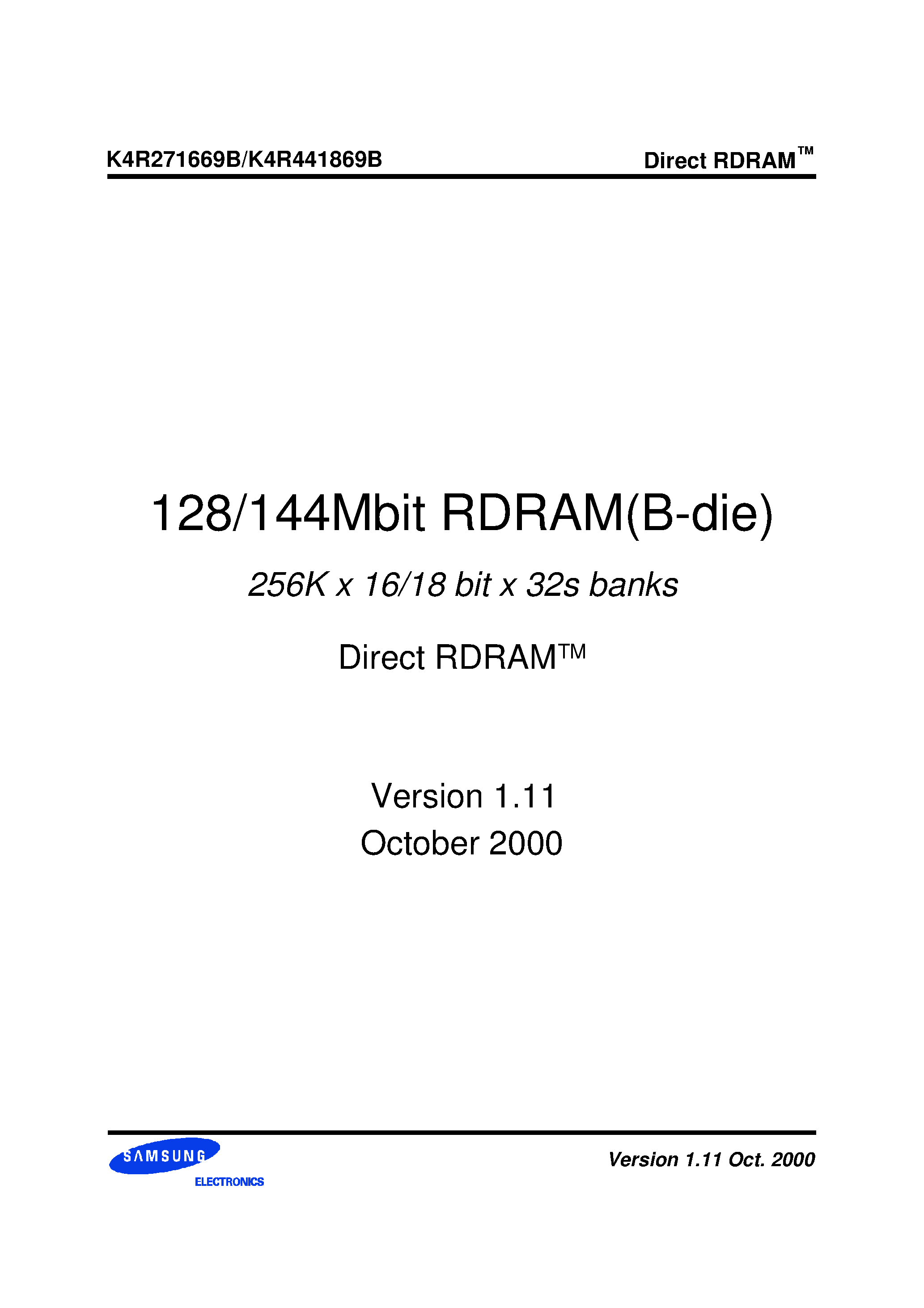 Datasheet K4R271669B-Nb(M)CcK8 - 256K x 16/18 bit x 32s banks Direct RDRAMTM page 1