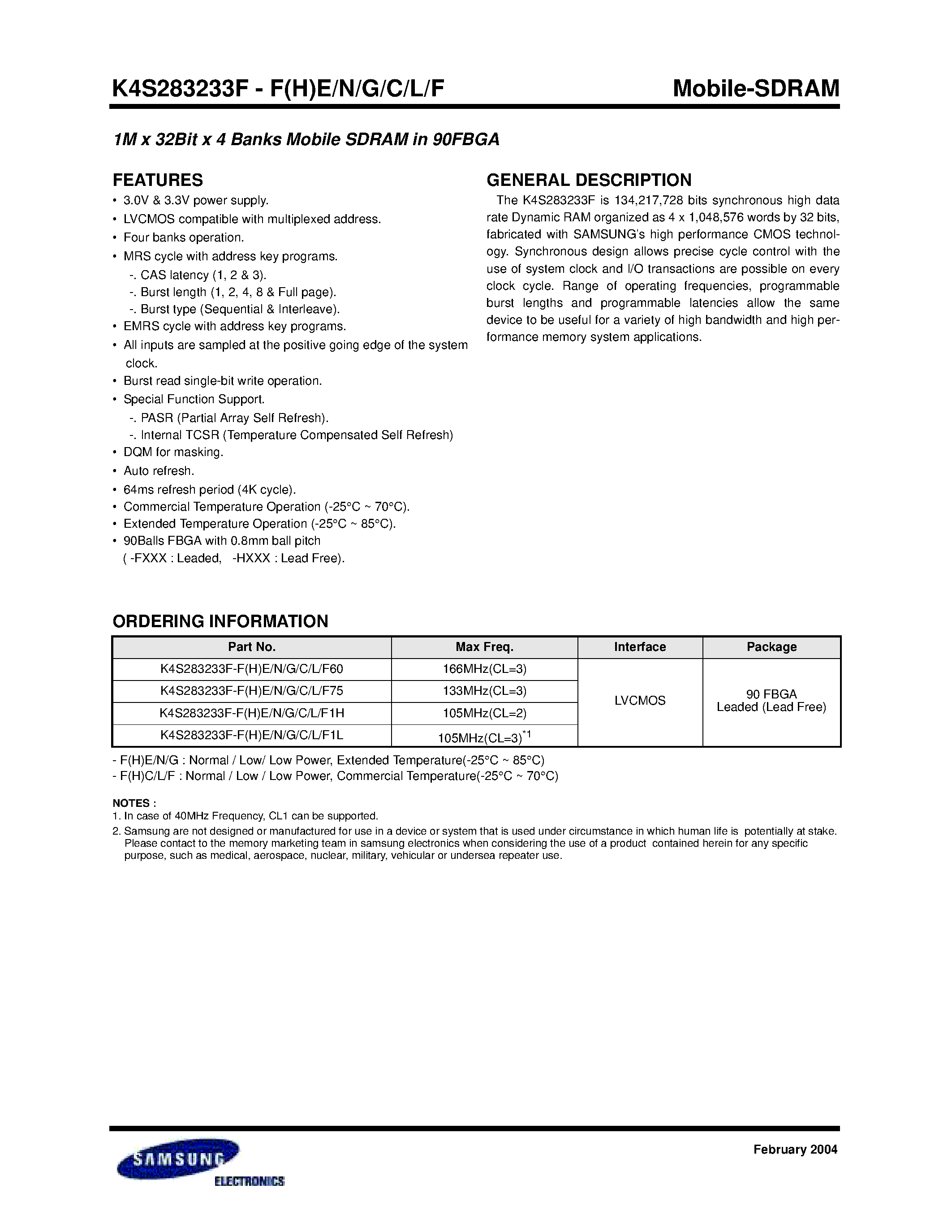 Datasheet K4S283233F-L - 1M x 32Bit x 4 Banks Mobile SDRAM in 90FBGA page 1