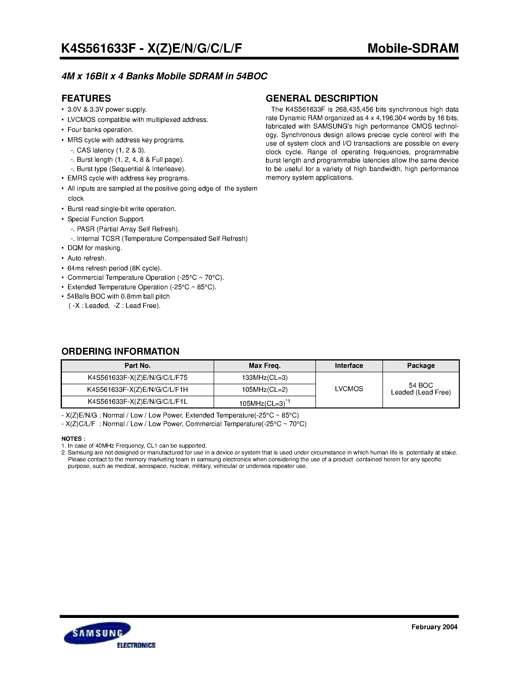 Datasheet K4S561633F-L - 4M x 16Bit x 4 Banks Mobile SDRAM in 54BOC page 1