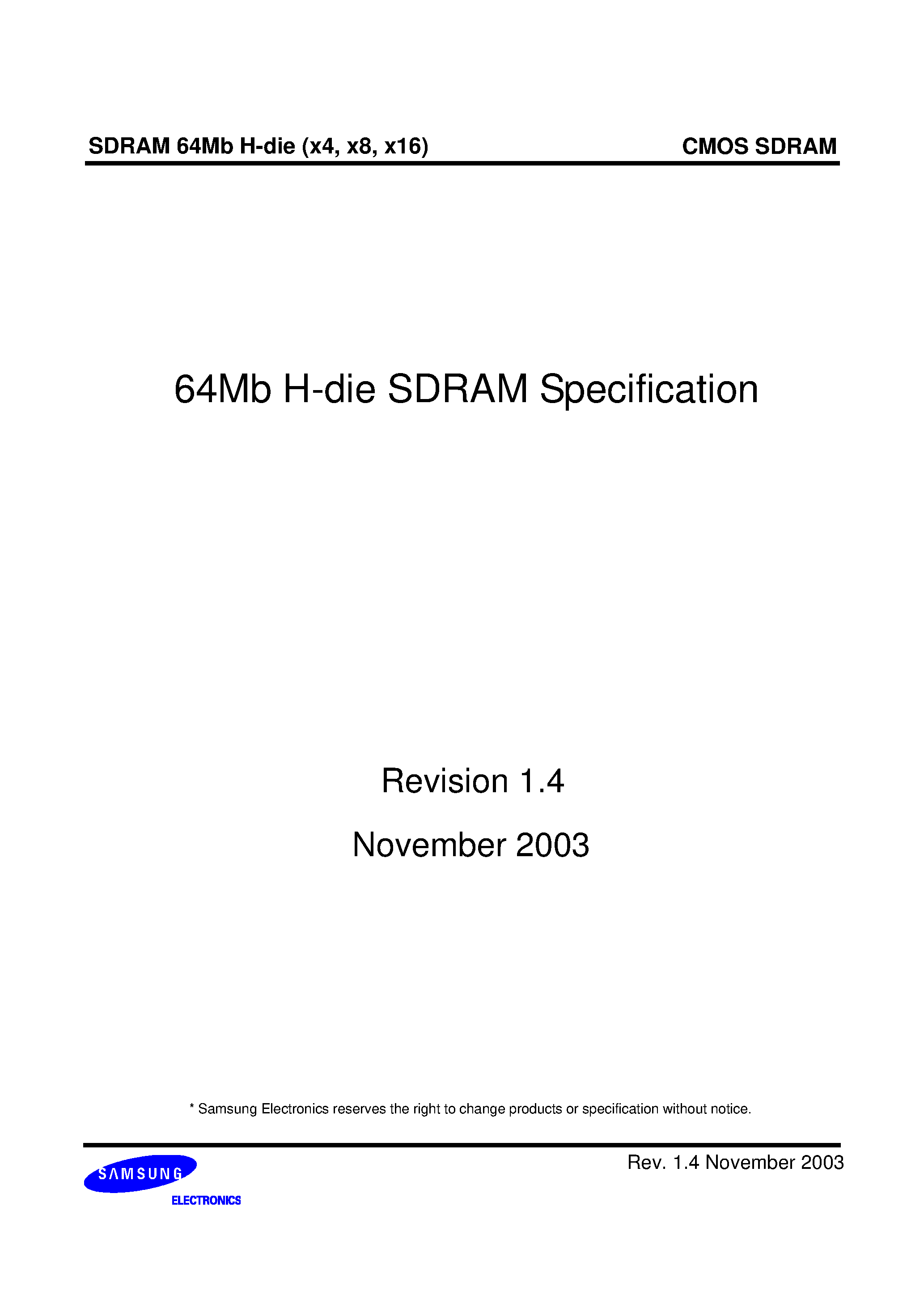 Даташит K4S640432H-L75 - 64Mb H-die SDRAM Specification страница 1