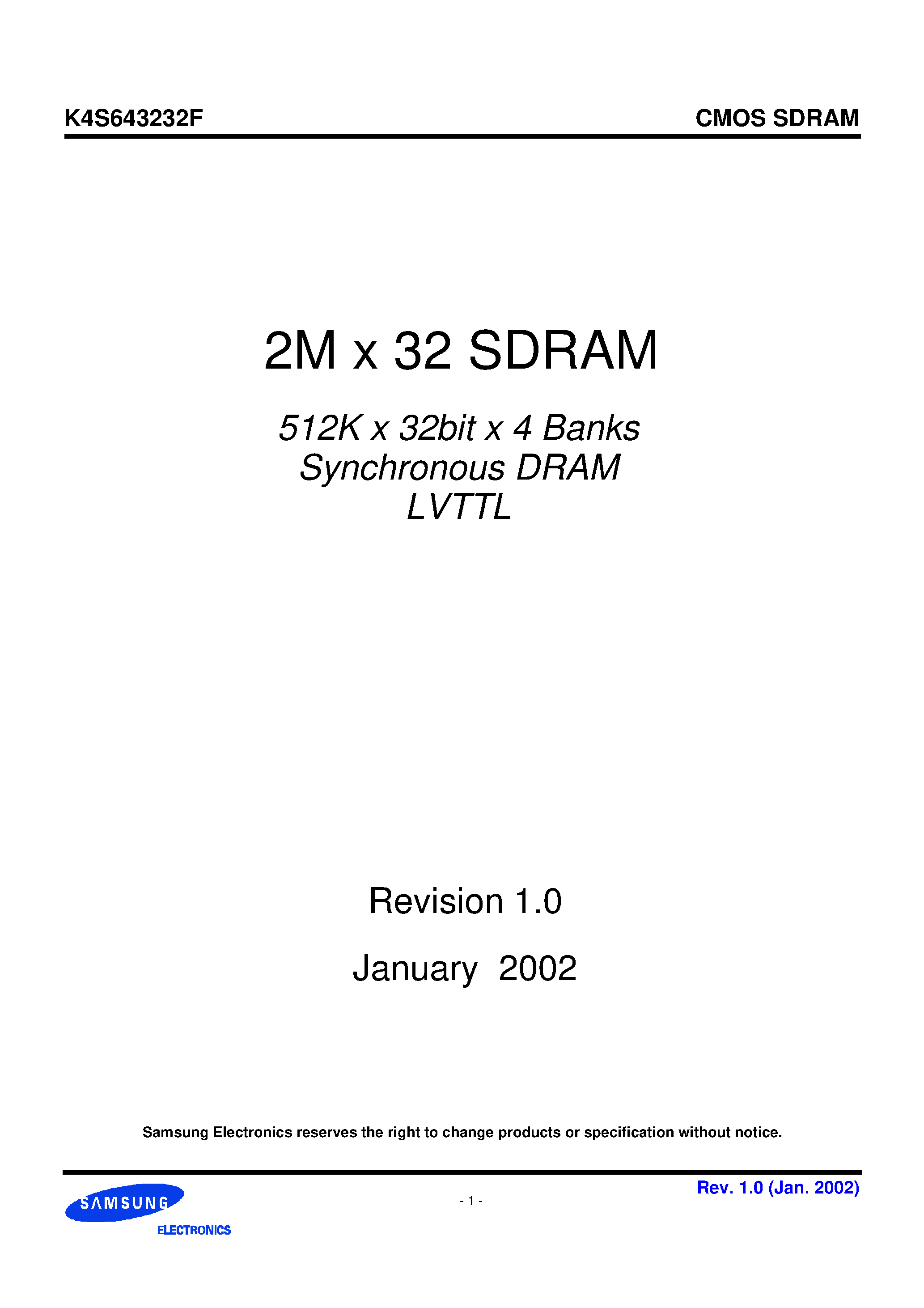 Даташит K4S643232F-TC45 - 2M x 32 SDRAM 512K x 32bit x 4 Banks Synchronous DRAM LVTTL страница 1