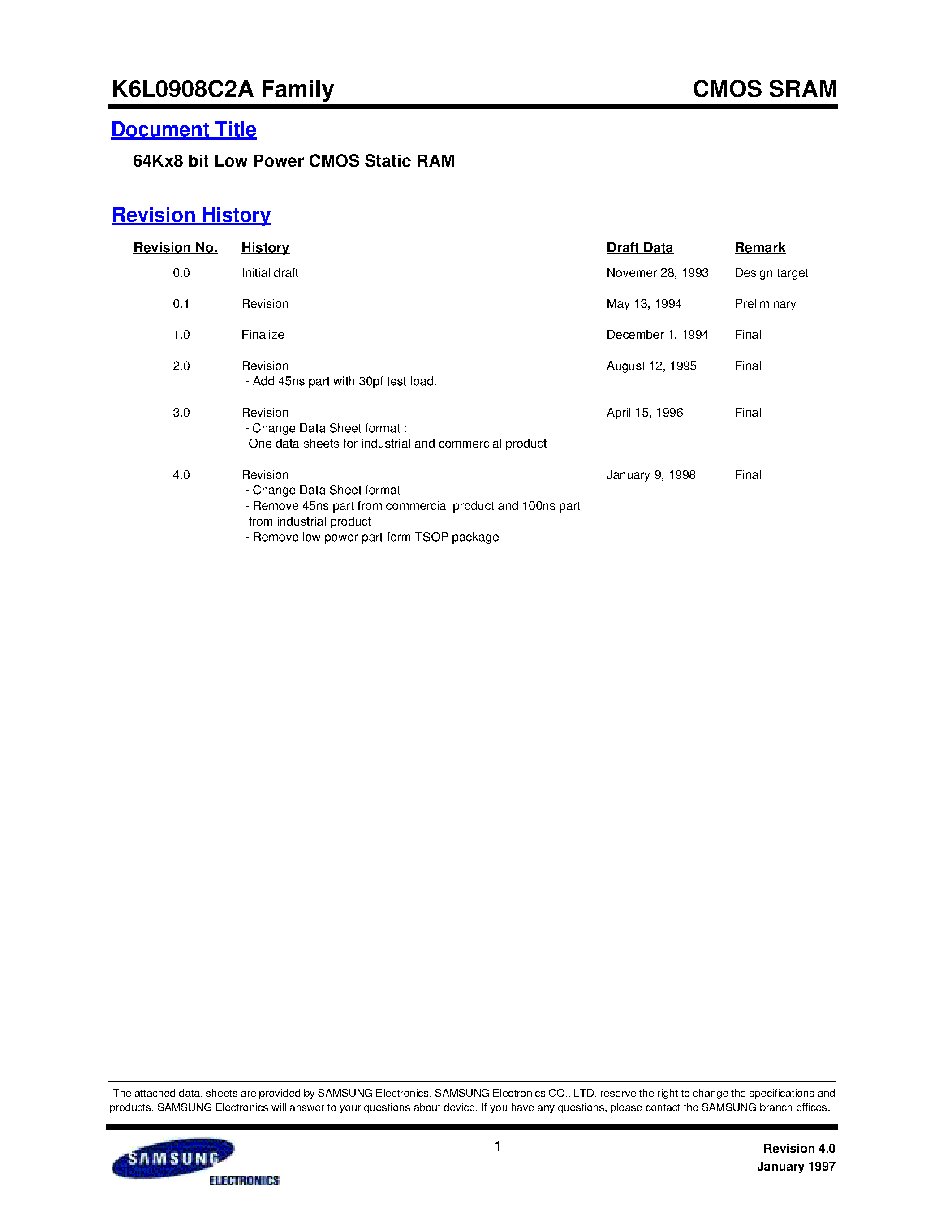 Datasheet K6L0908C2A-B - 64Kx8 bit Low Power CMOS Static RAM page 1