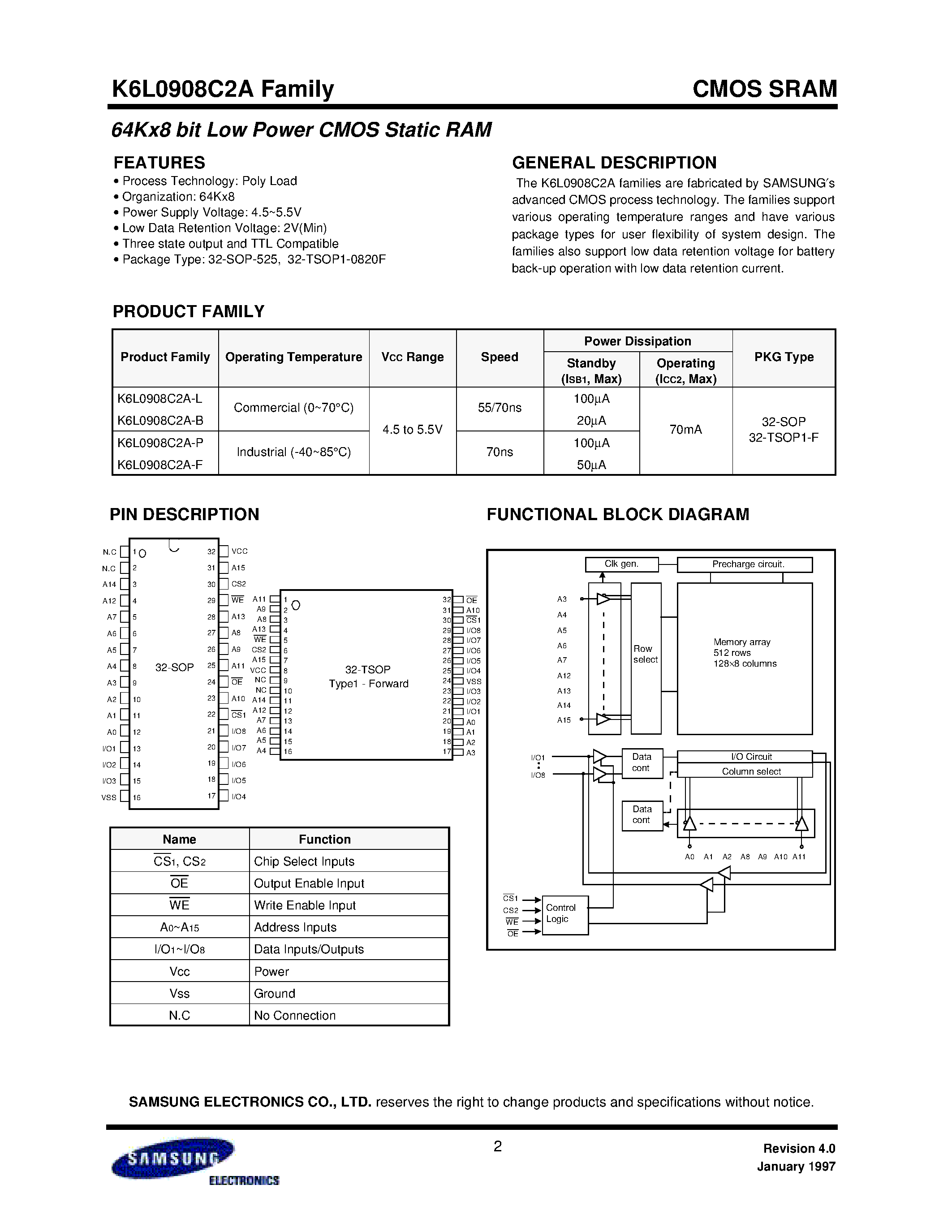 Datasheet K6L0908C2A-B - 64Kx8 bit Low Power CMOS Static RAM page 2