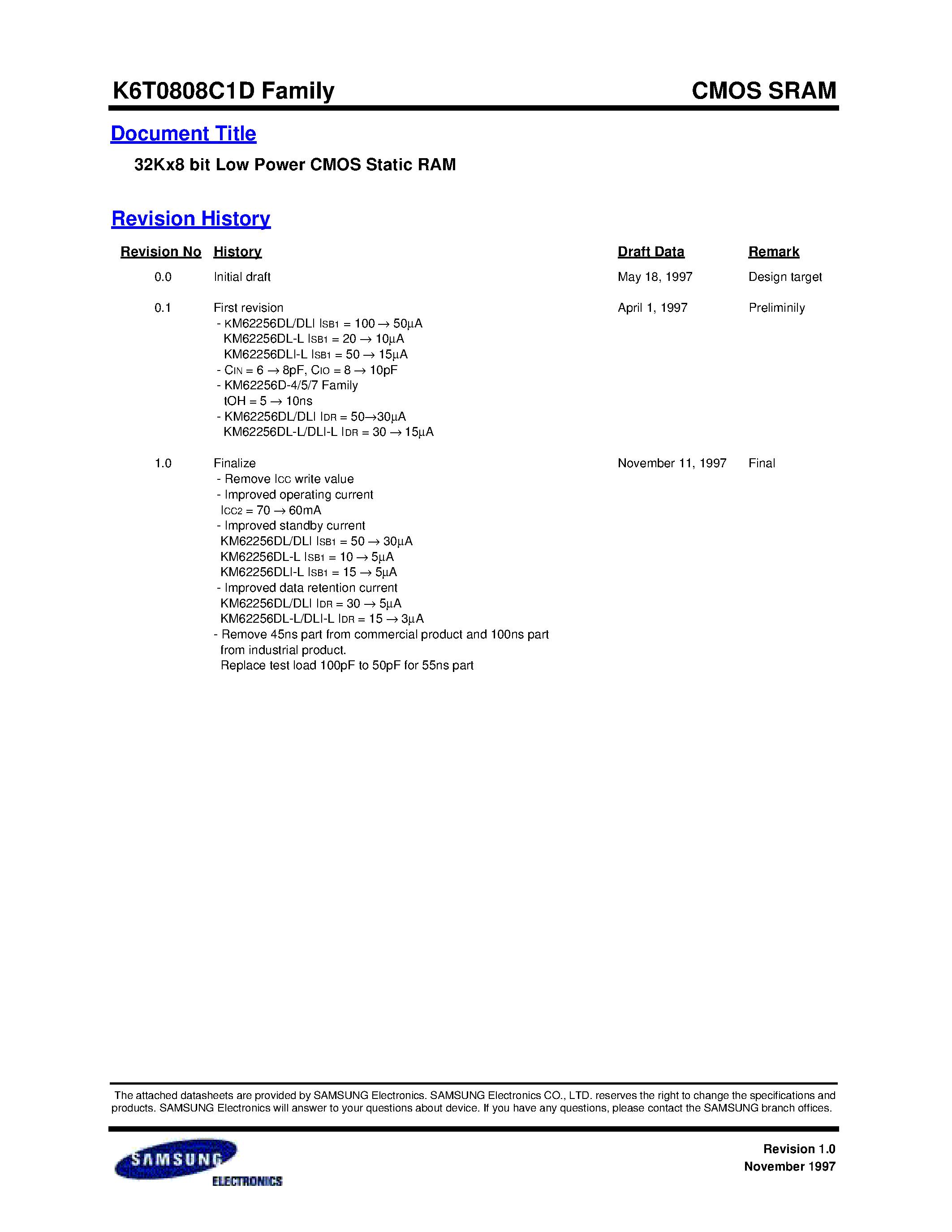 Datasheet K6T0808C1D-L - 32Kx8 bit Low Power CMOS Static RAM page 1