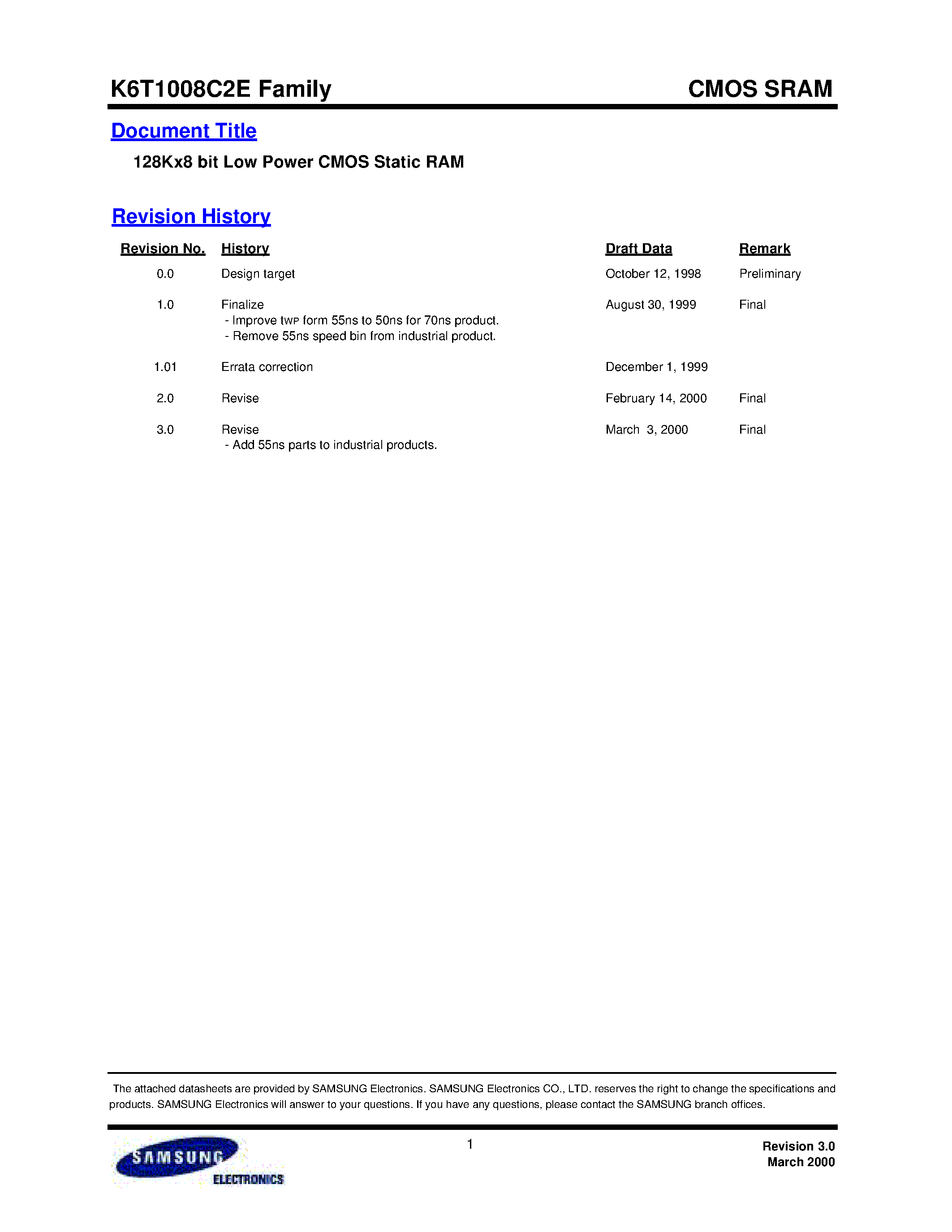 Datasheet K6T1008C2E-B - 128Kx8 bit Low Power CMOS Static RAM page 1