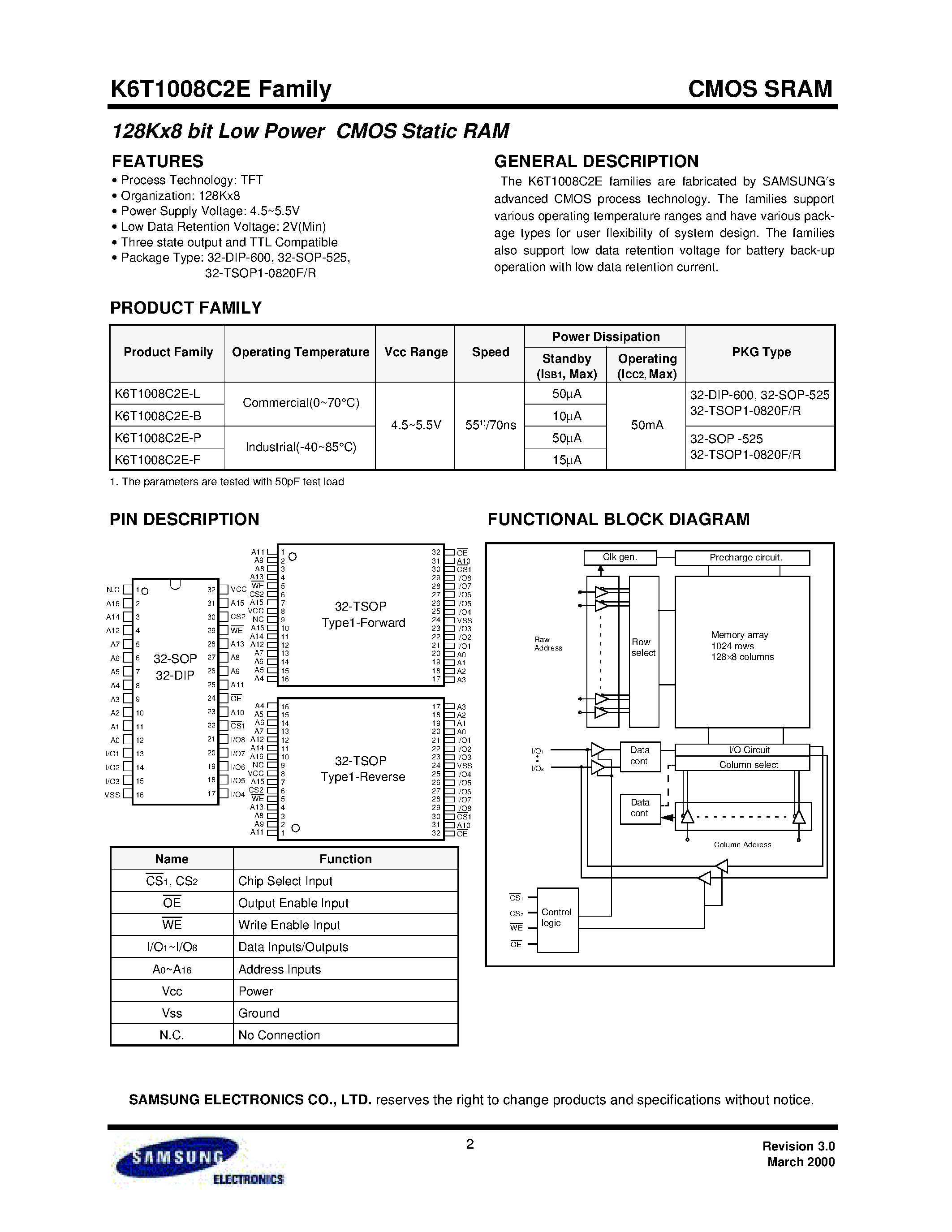 Datasheet K6T1008C2E-B - 128Kx8 bit Low Power CMOS Static RAM page 2