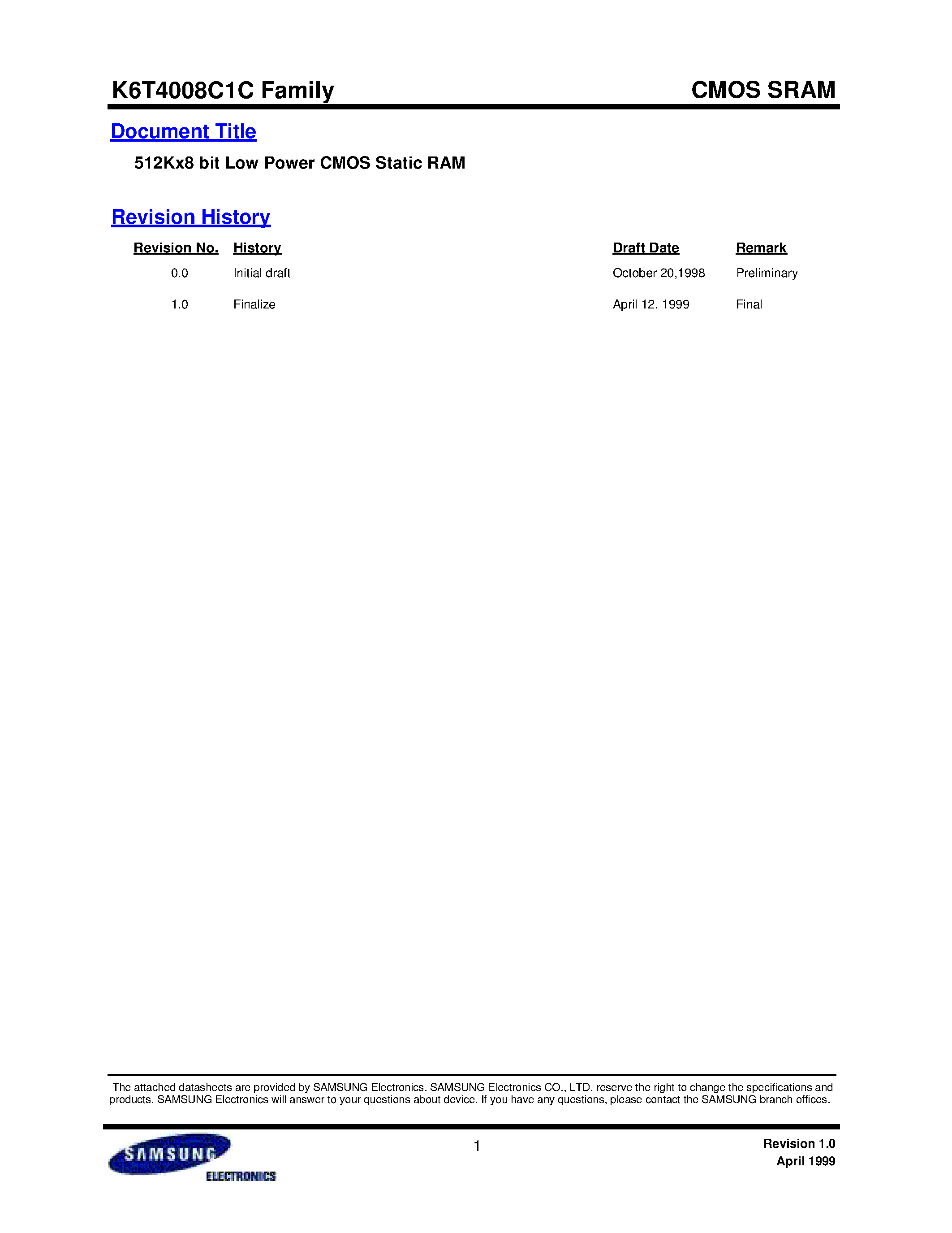 Даташит K6T4008C1C-F - 512Kx8 bit Low Power CMOS Static RAM страница 1