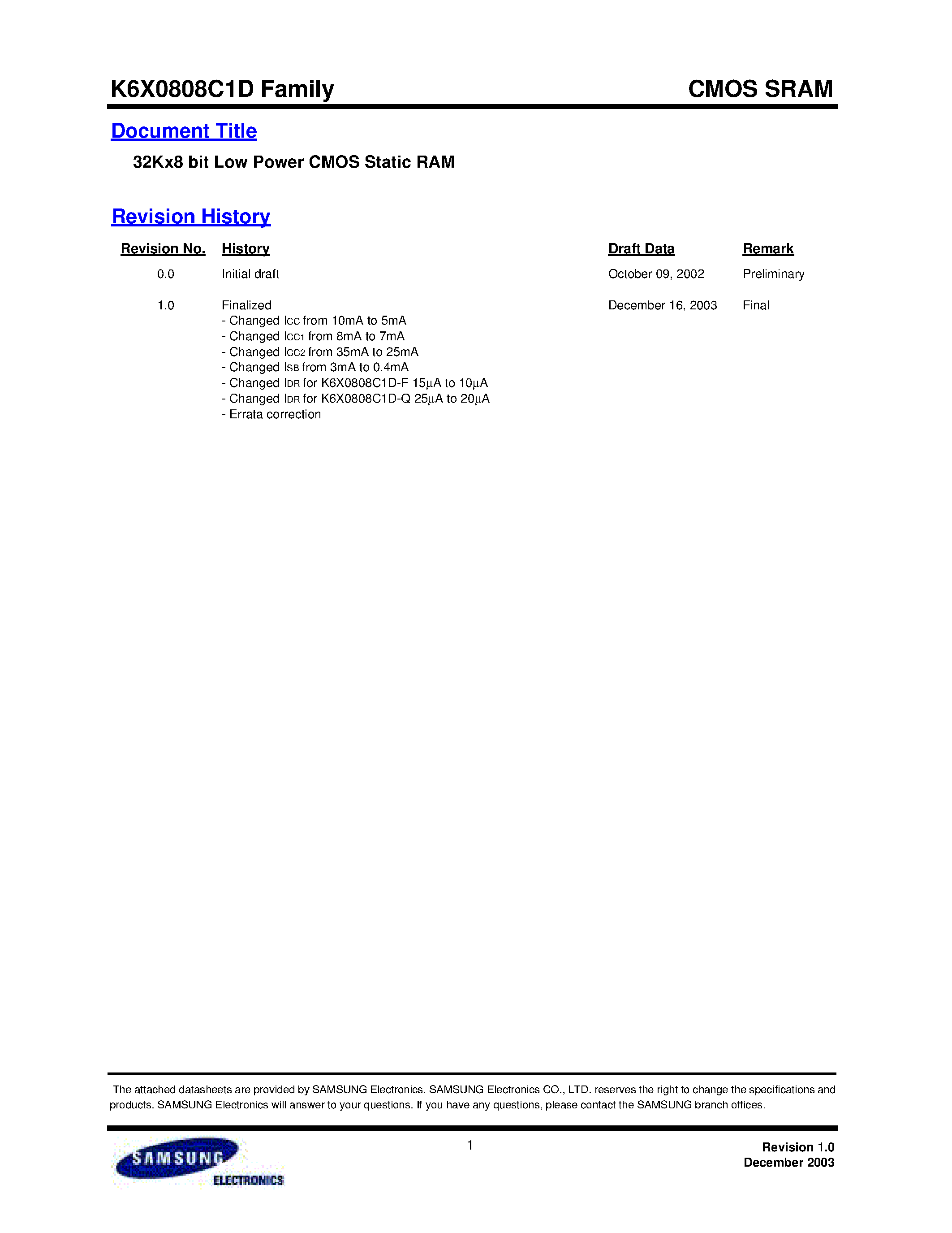 Даташит K6X0808C1D-F - 32Kx8 bit Low Power CMOS Static RAM страница 1