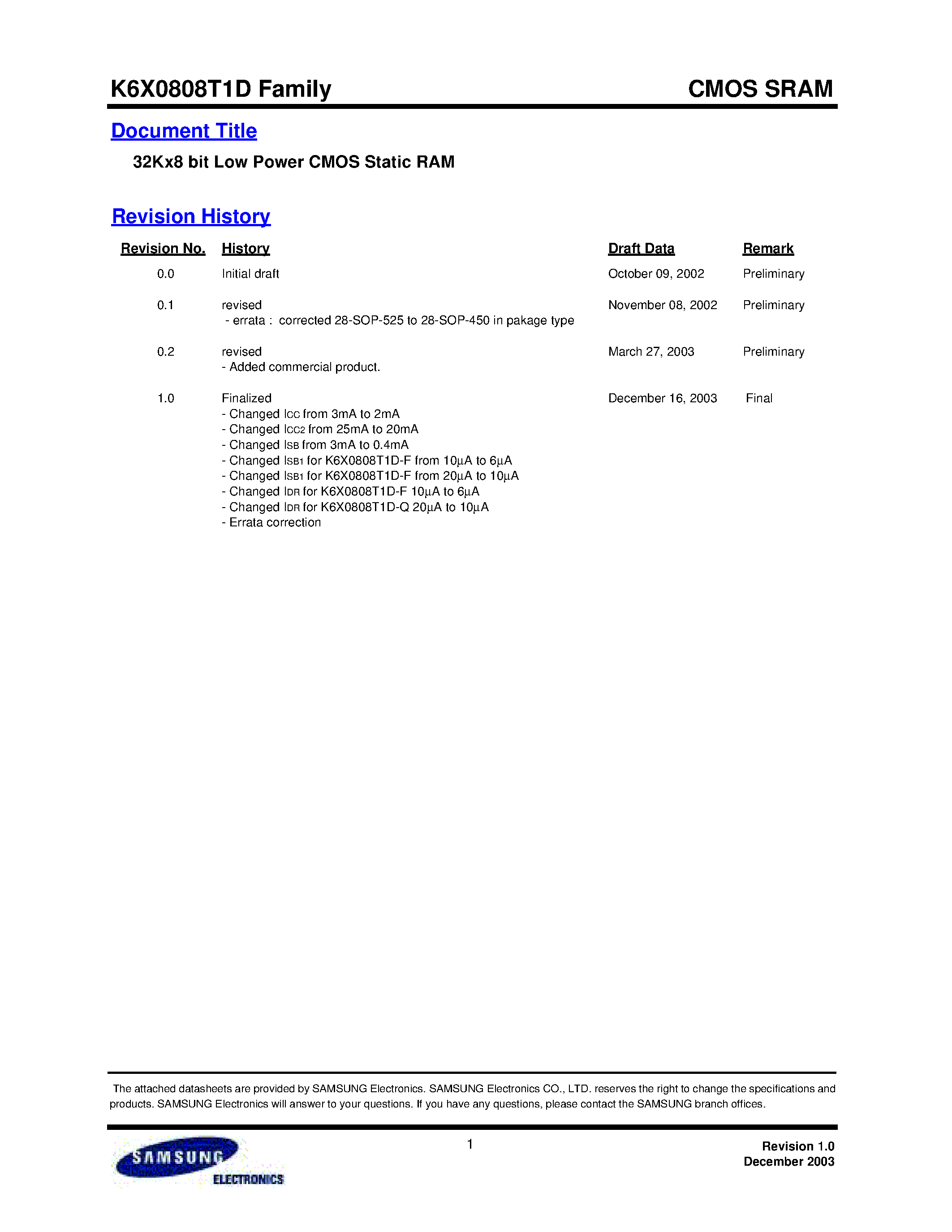 Даташит K6X0808T1D-F - 32Kx8 bit Low Power CMOS Static RAM страница 1