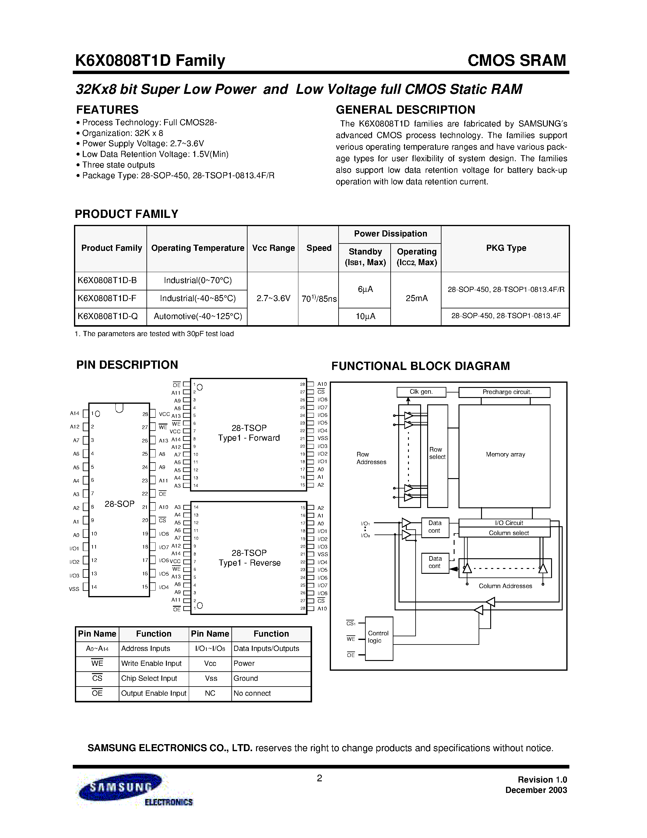 Даташит K6X0808T1D-F - 32Kx8 bit Low Power CMOS Static RAM страница 2