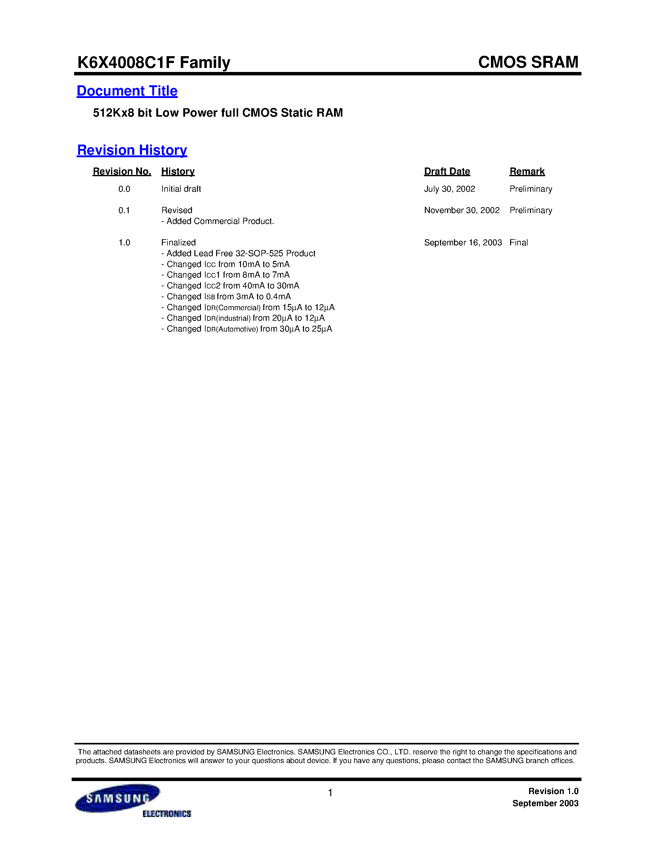 Datasheet K6X4008C1F-B - 512Kx8 bit Low Power full CMOS Static RAM page 1