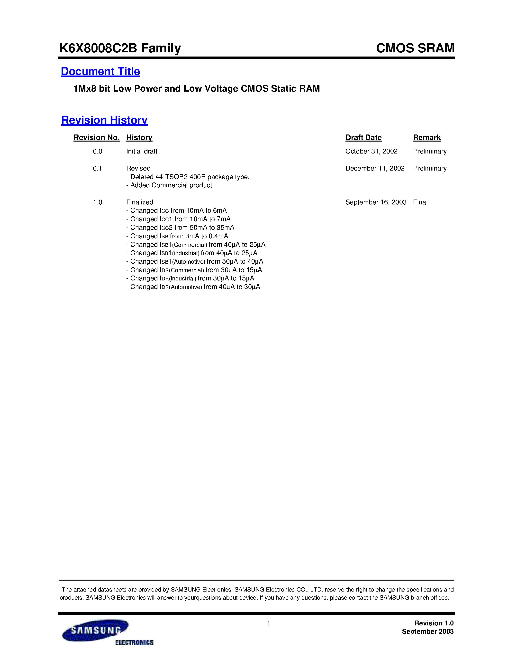 Даташит K6X8008C2B-F - 1Mx8 bit Low Power and Low Voltage CMOS Static RAM страница 1