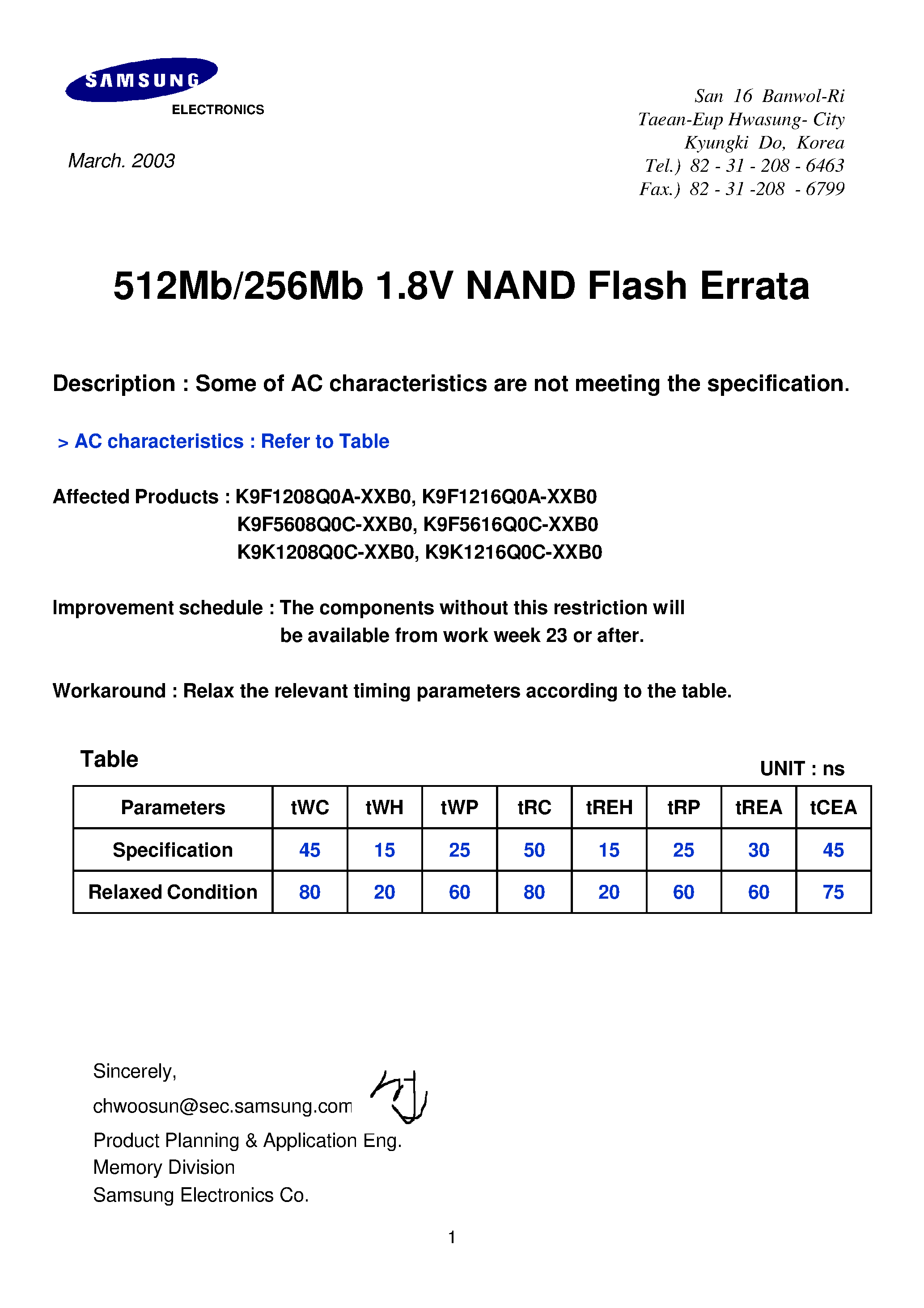 Даташит K9F5608D0C-H - 32M x 8 Bit / 16M x 16 Bit NAND Flash Memory страница 1