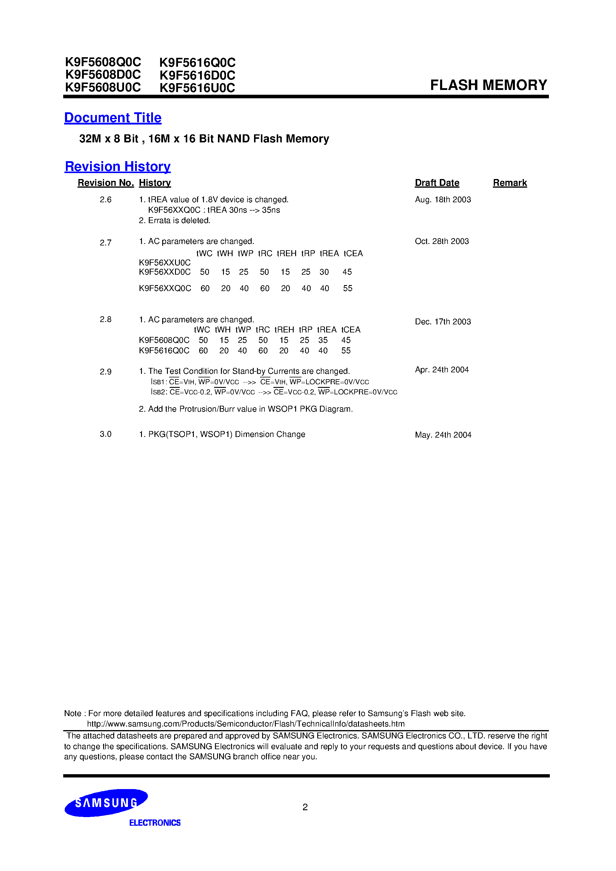 Datasheet K9F5616D0C-D - 32M x 8 Bit / 16M x 16 Bit NAND Flash Memory page 2