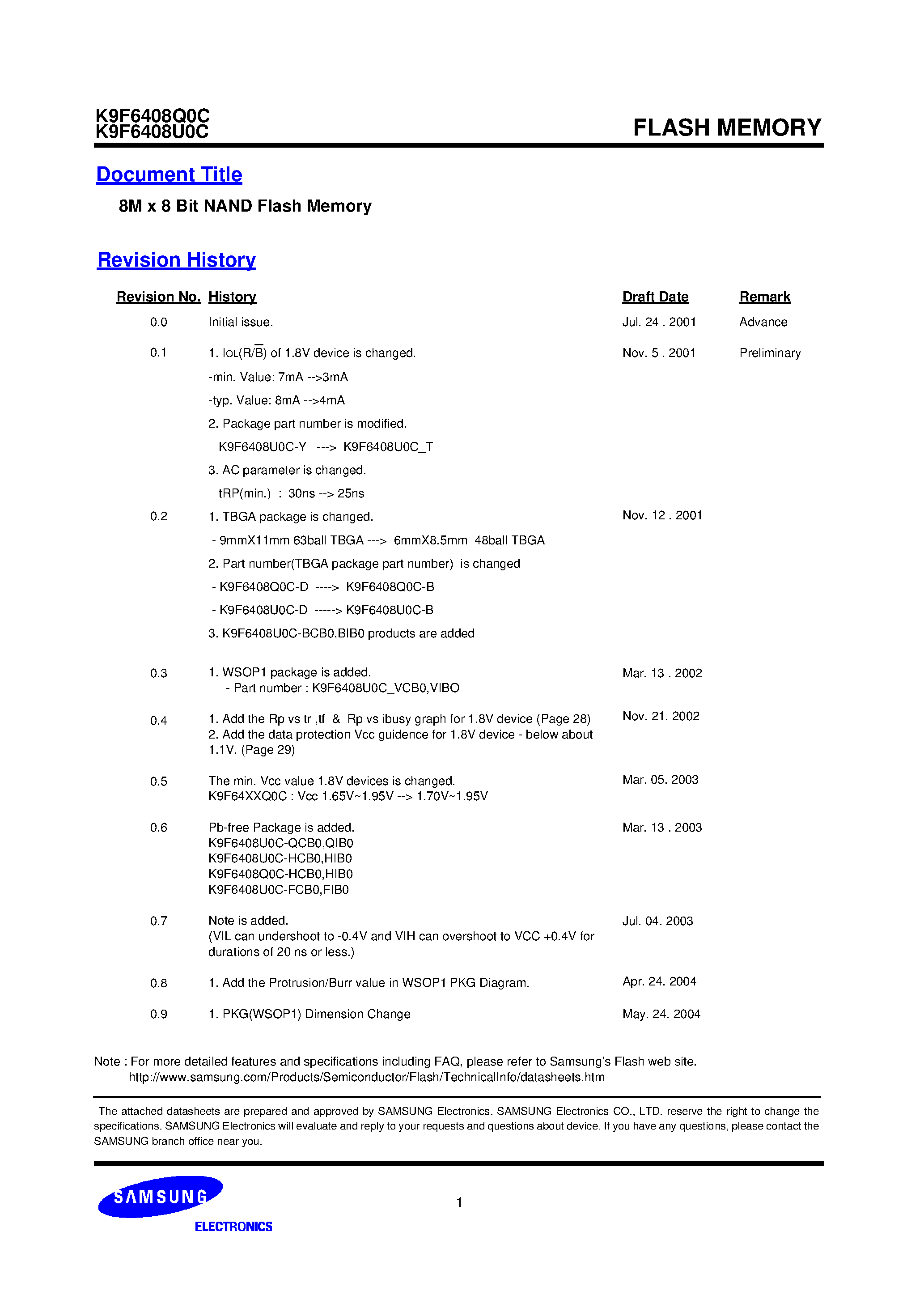 Datasheet K9F6408Q0C-B - 8M x 8 Bit Bit NAND Flash Memory page 1