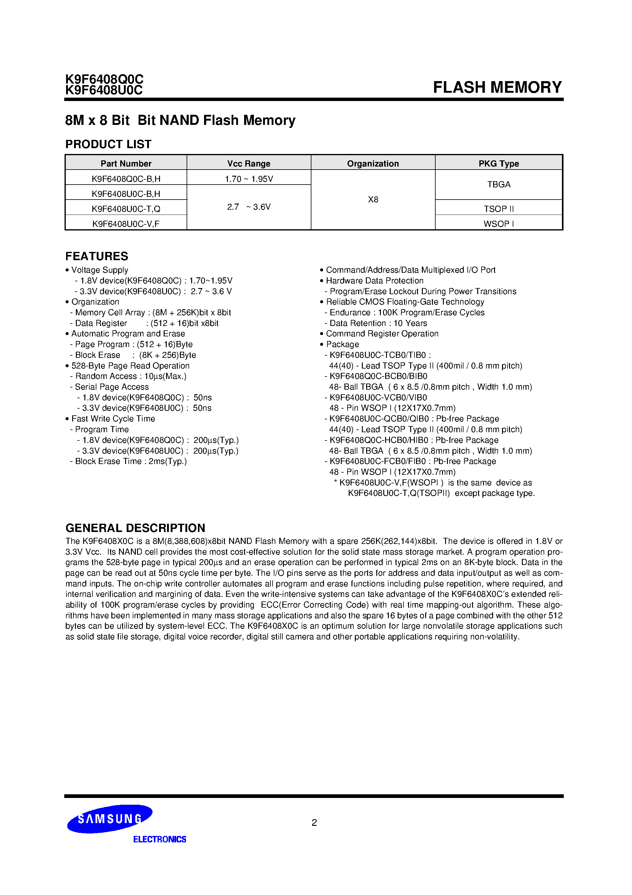 Datasheet K9F6408Q0C-B - 8M x 8 Bit Bit NAND Flash Memory page 2