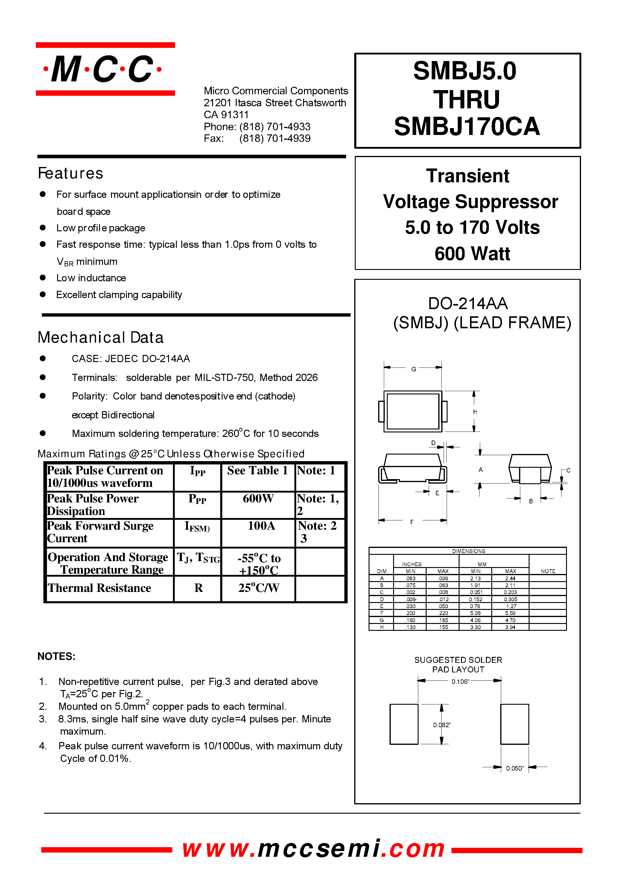 Даташит SMBJ6.0 - Transient Voltage Suppressor 5.0 to 170 Volts 600 Watt страница 1