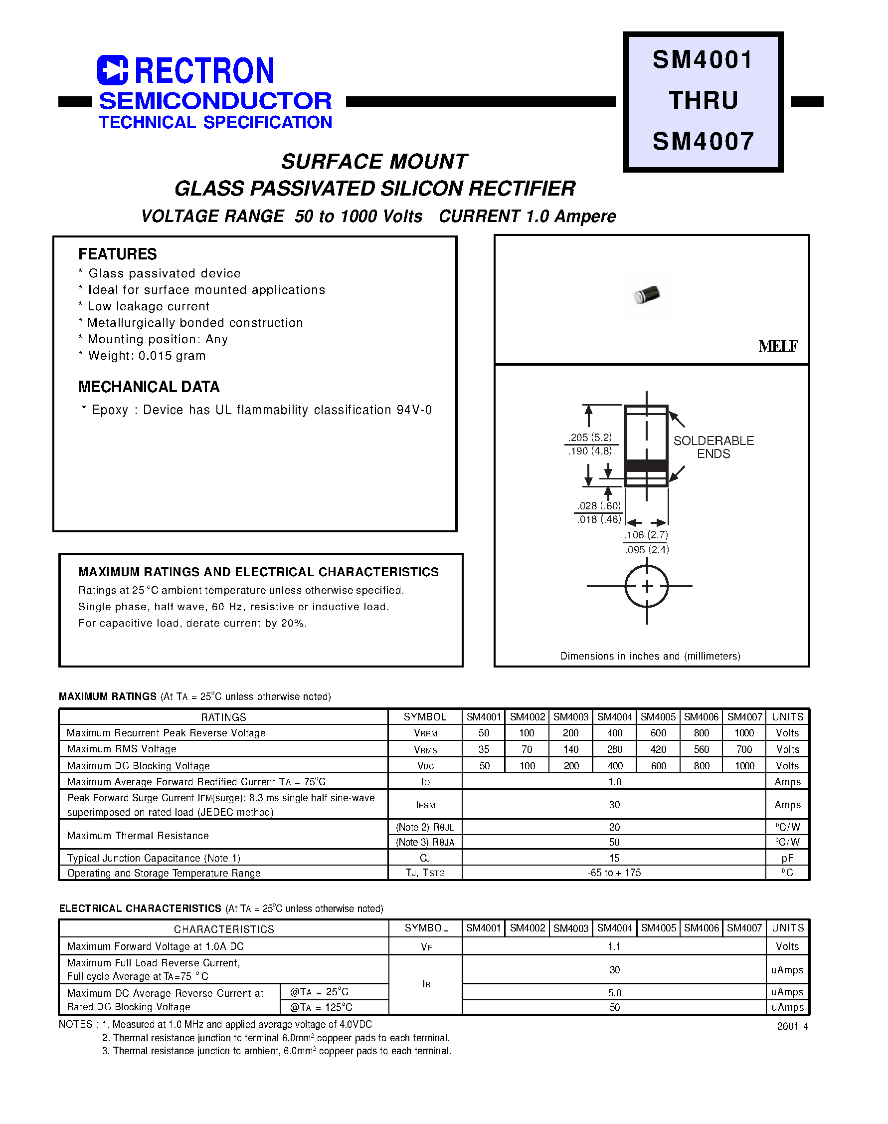 Datasheet SM4003 - SURFACE MOUNT GLASS PASSIVATED SILICON RECTIFIER (VOLTAGE RANGE 50 to 1000 Volts CURRENT 1.0 Ampere) page 1