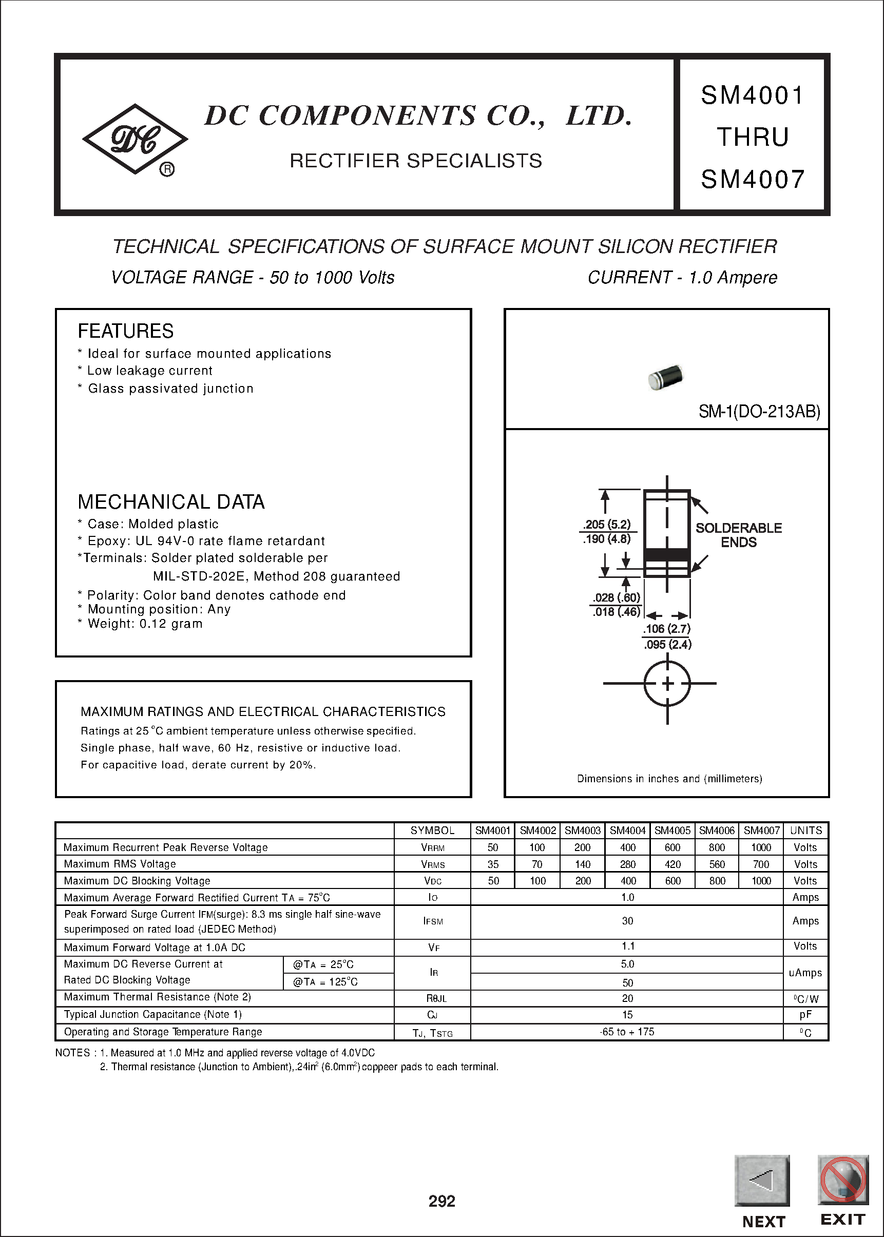 Datasheet SM4003 - TECHNICAL SPECIFICATIONS OF SURFACE MOUNT SILICON RECTIFIER page 1