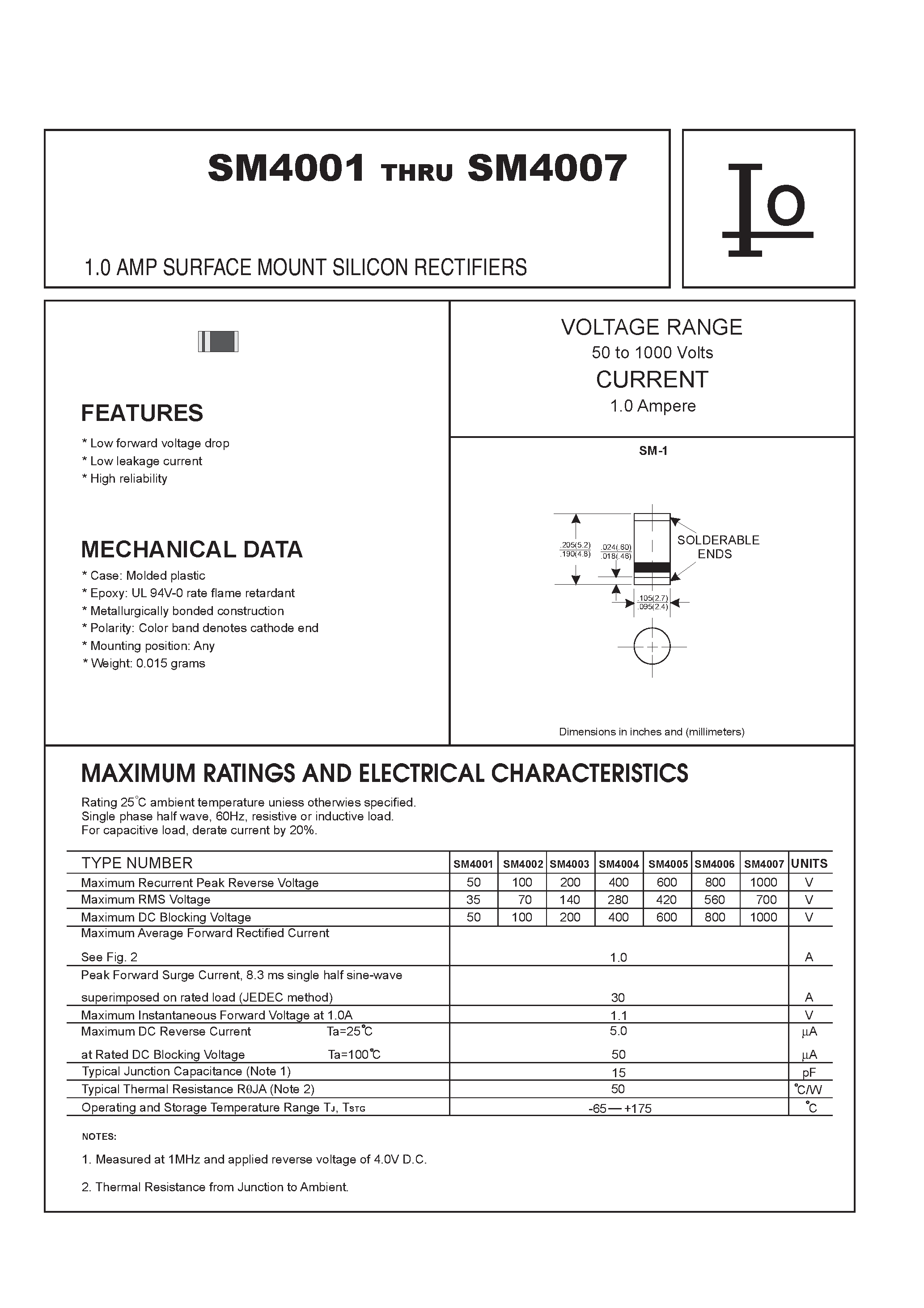 Datasheet SM4005 - 1.0 AMP SURFACE MOUNT SILICON RECTIFIERS page 1